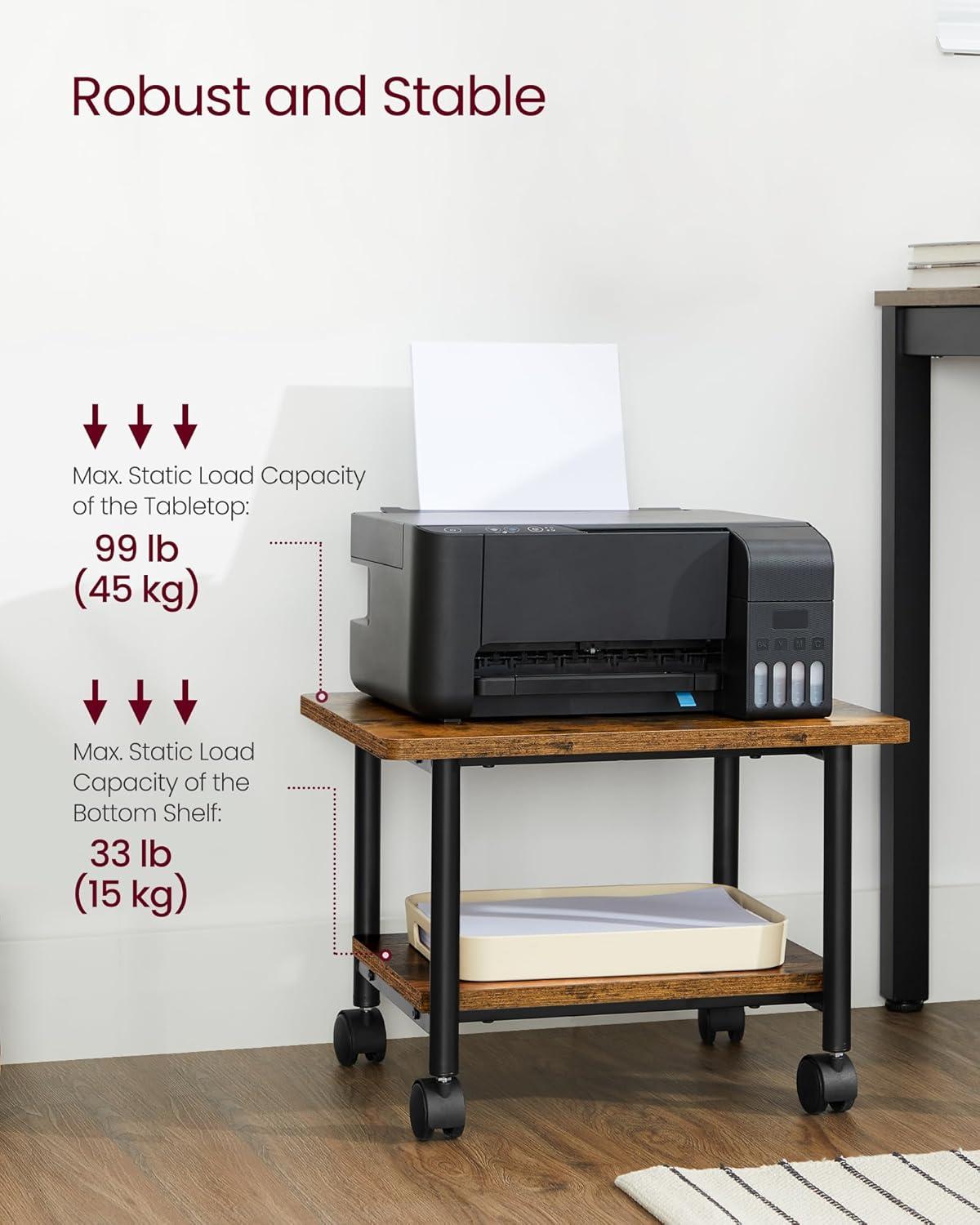 VASAGLE 2 Tier Industrial Desk Printer Stand, Rustic Brown and Black