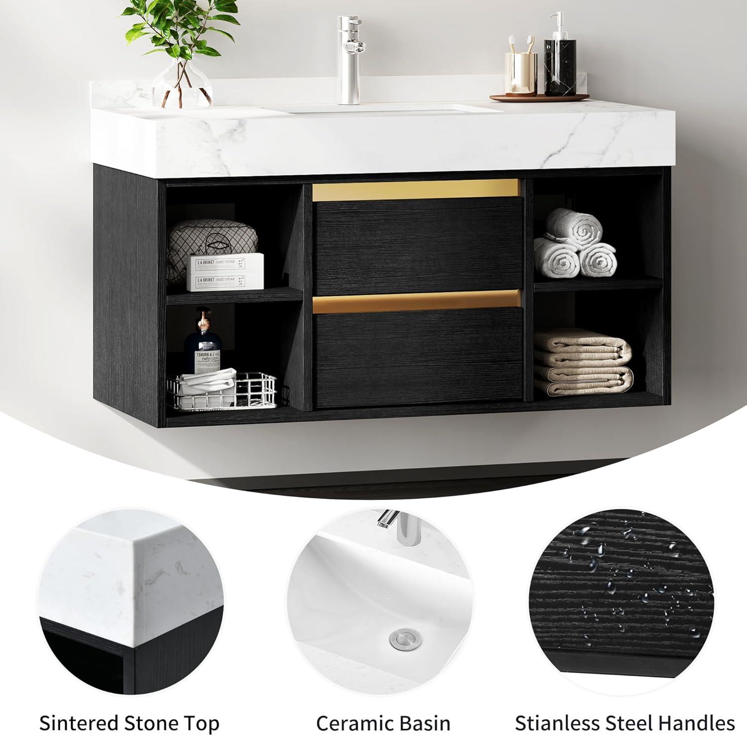 40-Inch Black Wall-Mounted Vanity with White Ceramic Sink and Storage