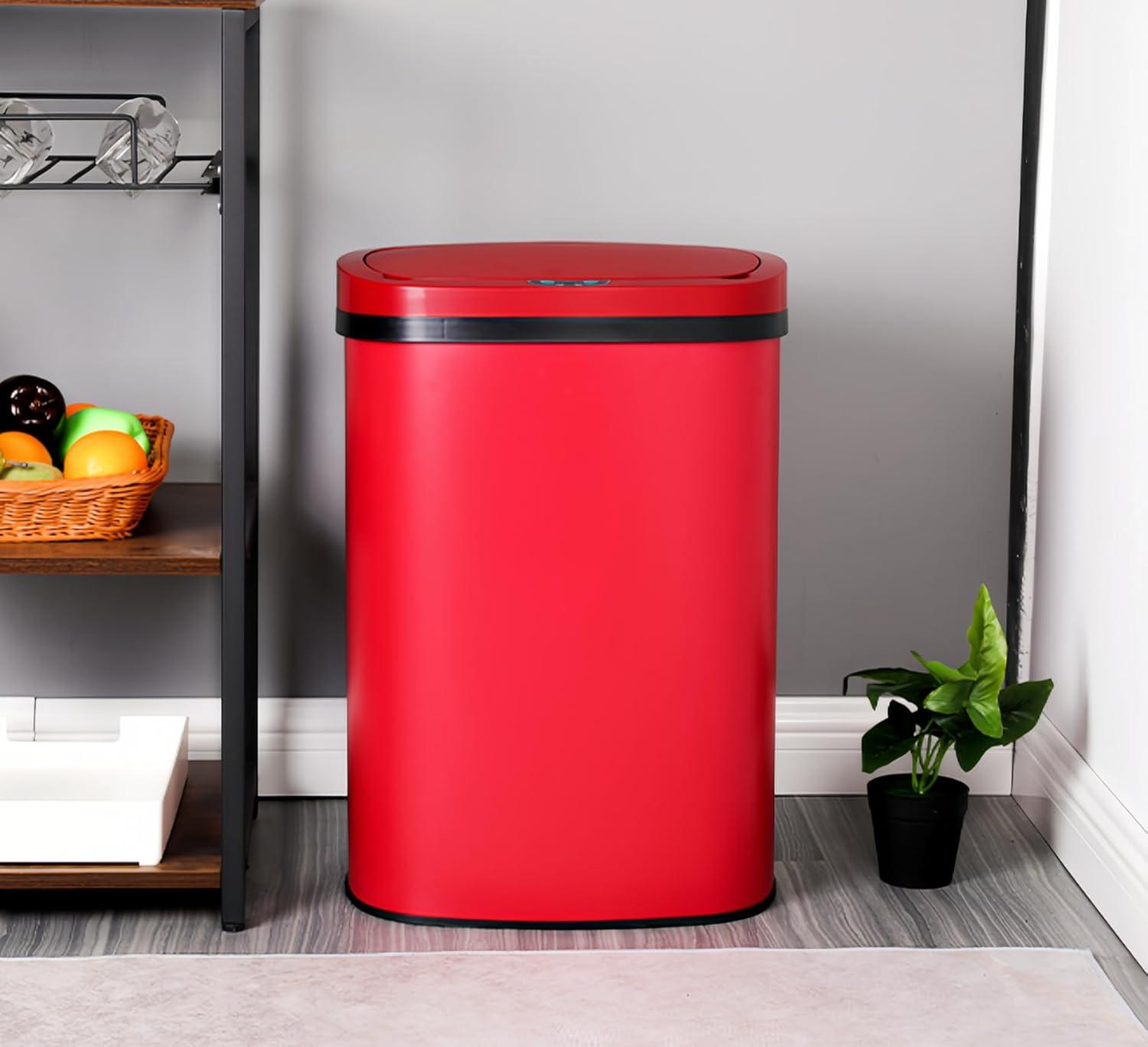 13 Gallon 50L Touch Automatic Stainless Steel Trash Can Garbage Can Metal Trash Bin with Lid for Kitchen Living Room Office Bathroom, Electronic Sensor Automatic Trash Can - Red