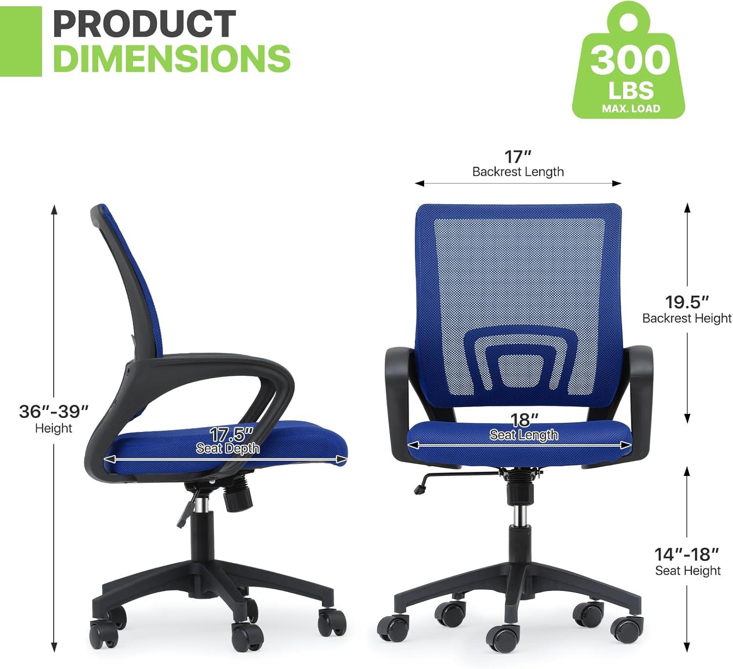 Magshion Set of 2 Office Chairs Mid Back Swivel Desk Chairs, Height Adjustable Ergonomic Mesh Computer Chairs with Armrest & Lumbar Support, Navy Blue