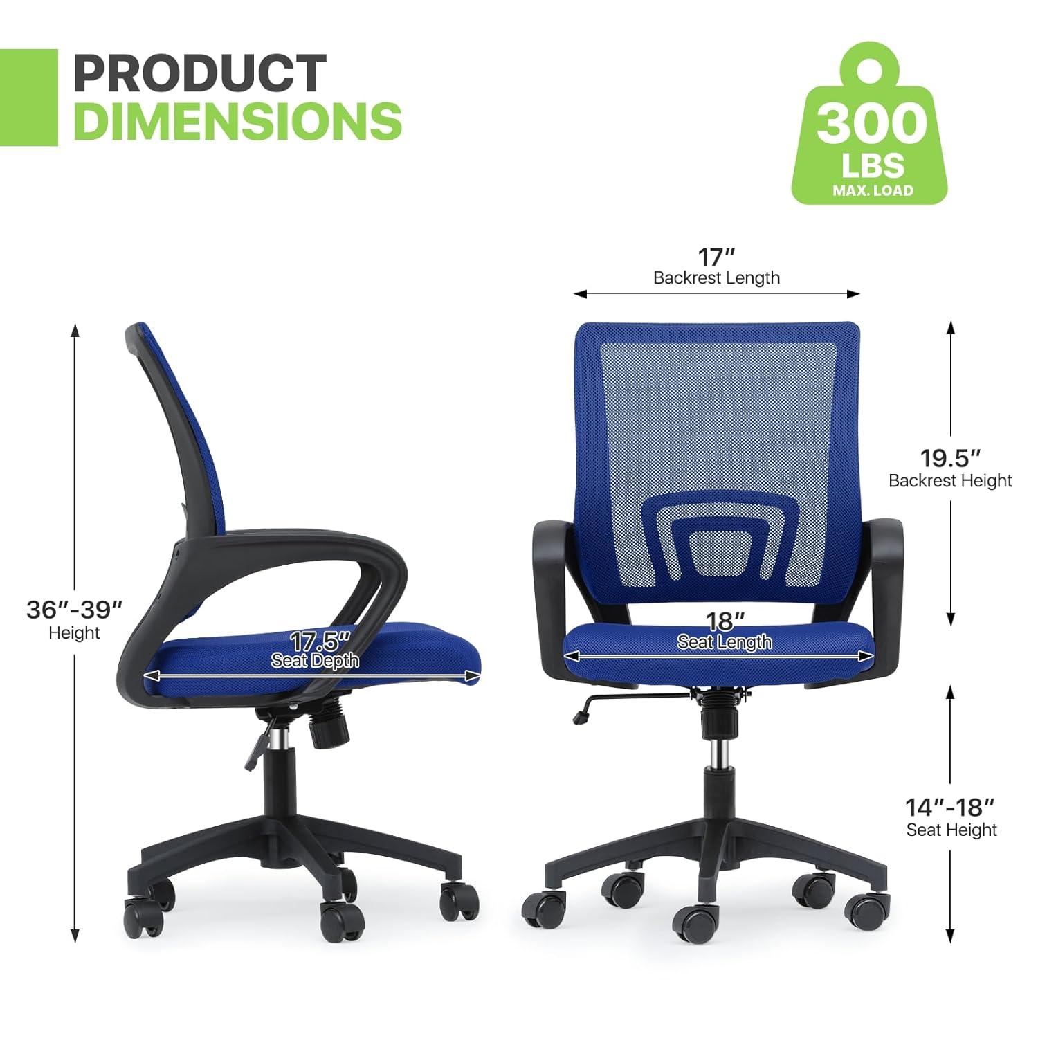 Magshion Set of 2 Office Chairs Mid Back Swivel Desk Chairs, Height Adjustable Ergonomic Mesh Computer Chairs with Armrest & Lumbar Support, Navy Blue