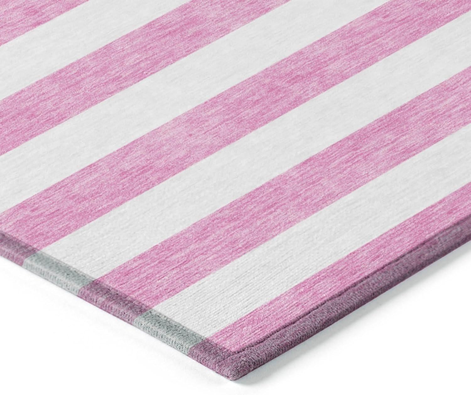 Pink and White Striped Synthetic Washable Area Rug