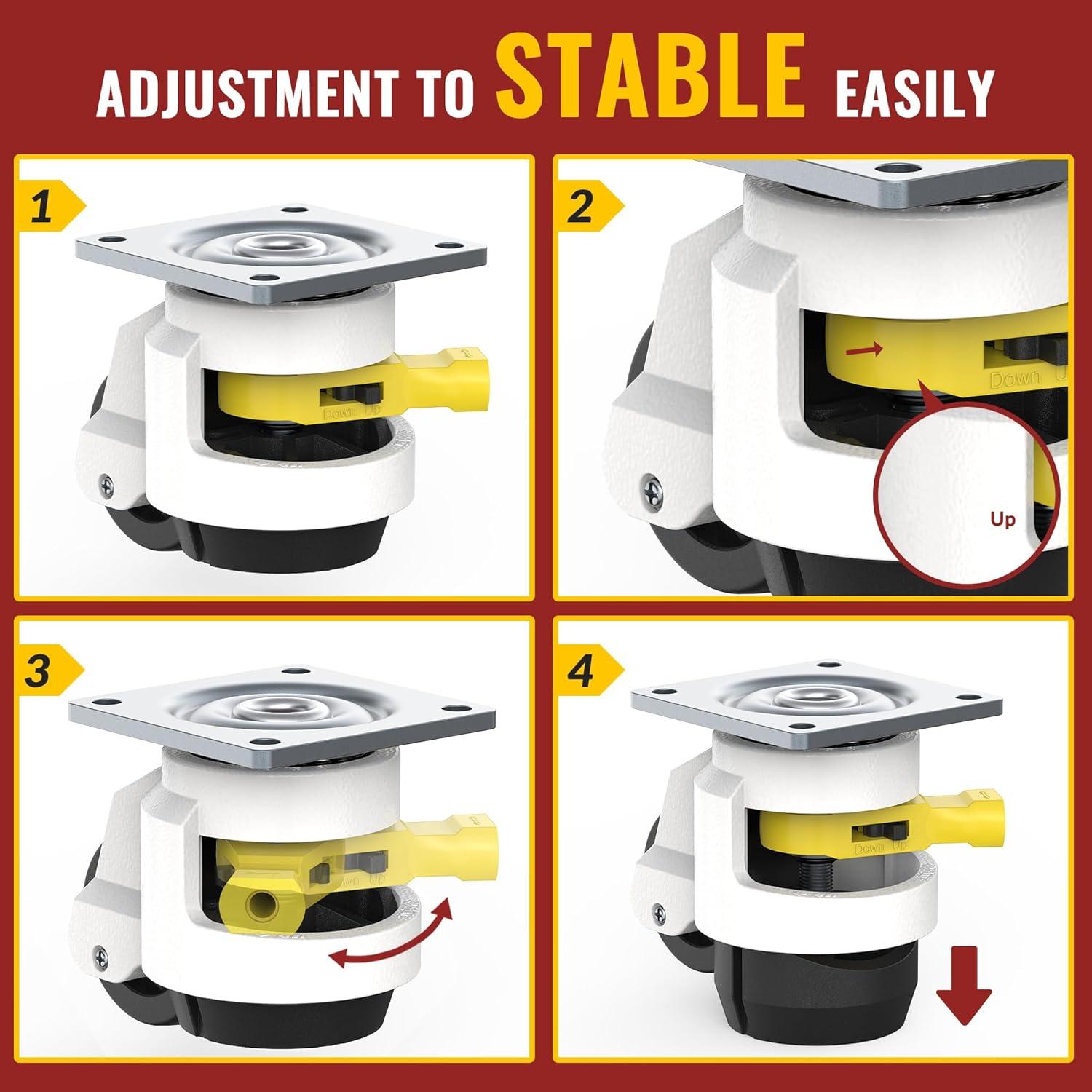 HOLKIE Leveling Caster Wheels set of 4,Heavy Duty Industrial Workbench Wheel with Adjustable Leveling Pads,Total Capacity 2200 Lbs