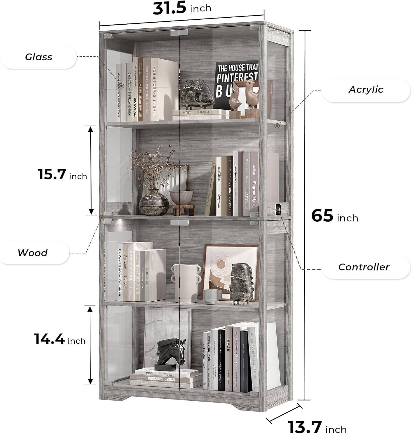 Ivy Bronx Display Cabinet with Glass Doors, 4-Tier Curio Cabinet&Bookcase with 3 Color Light for Collectibles
