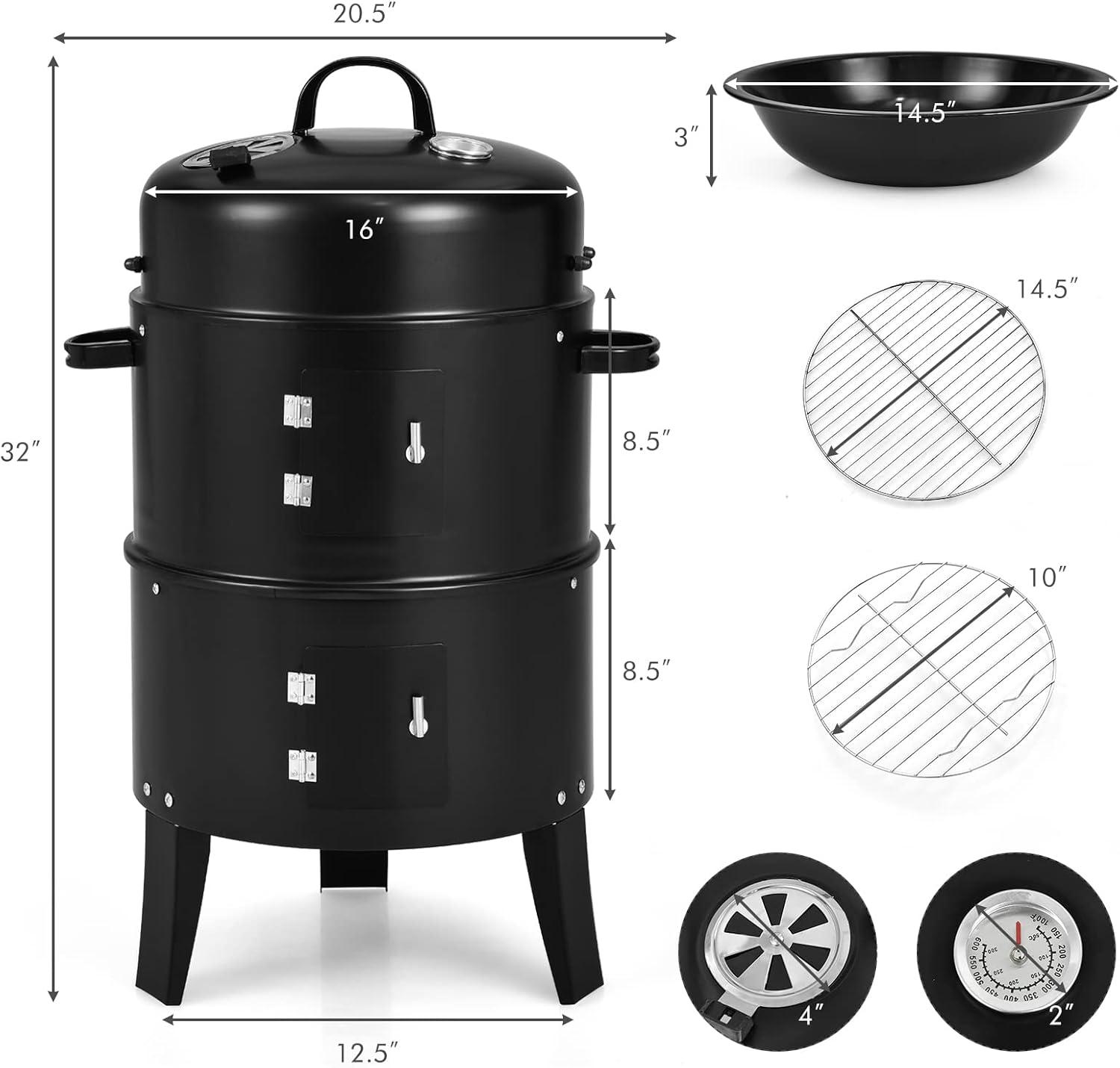 Black Stainless Steel 16'' Vertical Charcoal BBQ Smoker