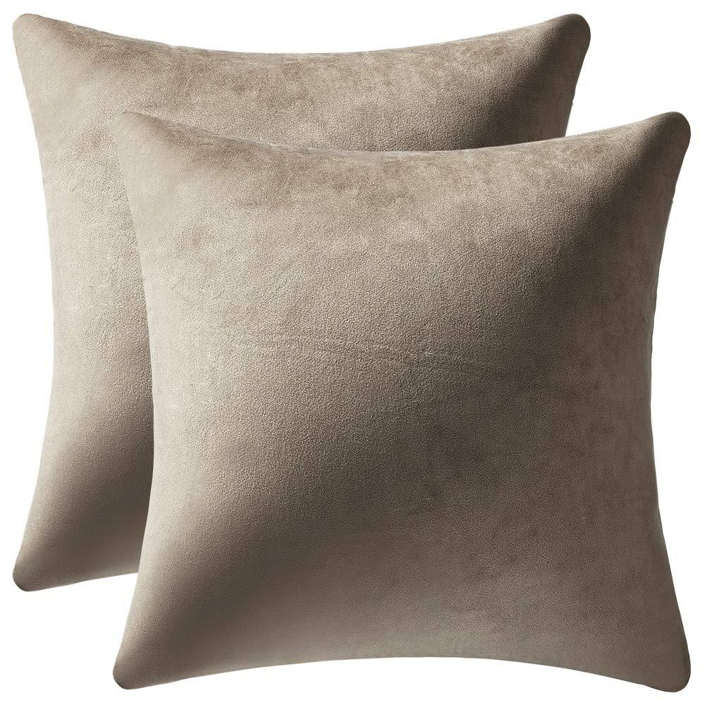 DEZENE Decorative Pillow Covers 18x18 Taupe: 2 Pack Cozy Soft Velvet Square Throw Pillow Cases for Farmhouse Home Decor