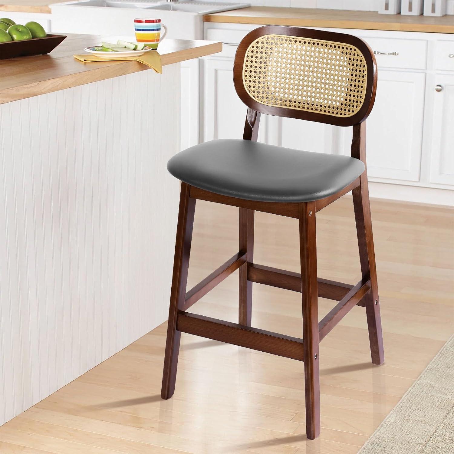 Lucky Monet Wood Upholstered Counter Height Bar Stools with Rattan Back - 36.81"H x 17.72"W x 18.7"D Set of 2 - White Faux Leather/ Brown Frame