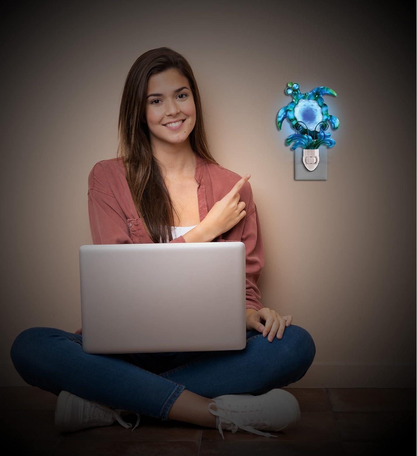 COTA Global Sea Turtle Night Light - Home Décor Wall Plug in Night Light with Switch, Unique Decorative Hand Made Metal & Glass Nightlight for Bathroom, Nursery, Hallway, Kitchen, Bedroom - 6.5 Inch