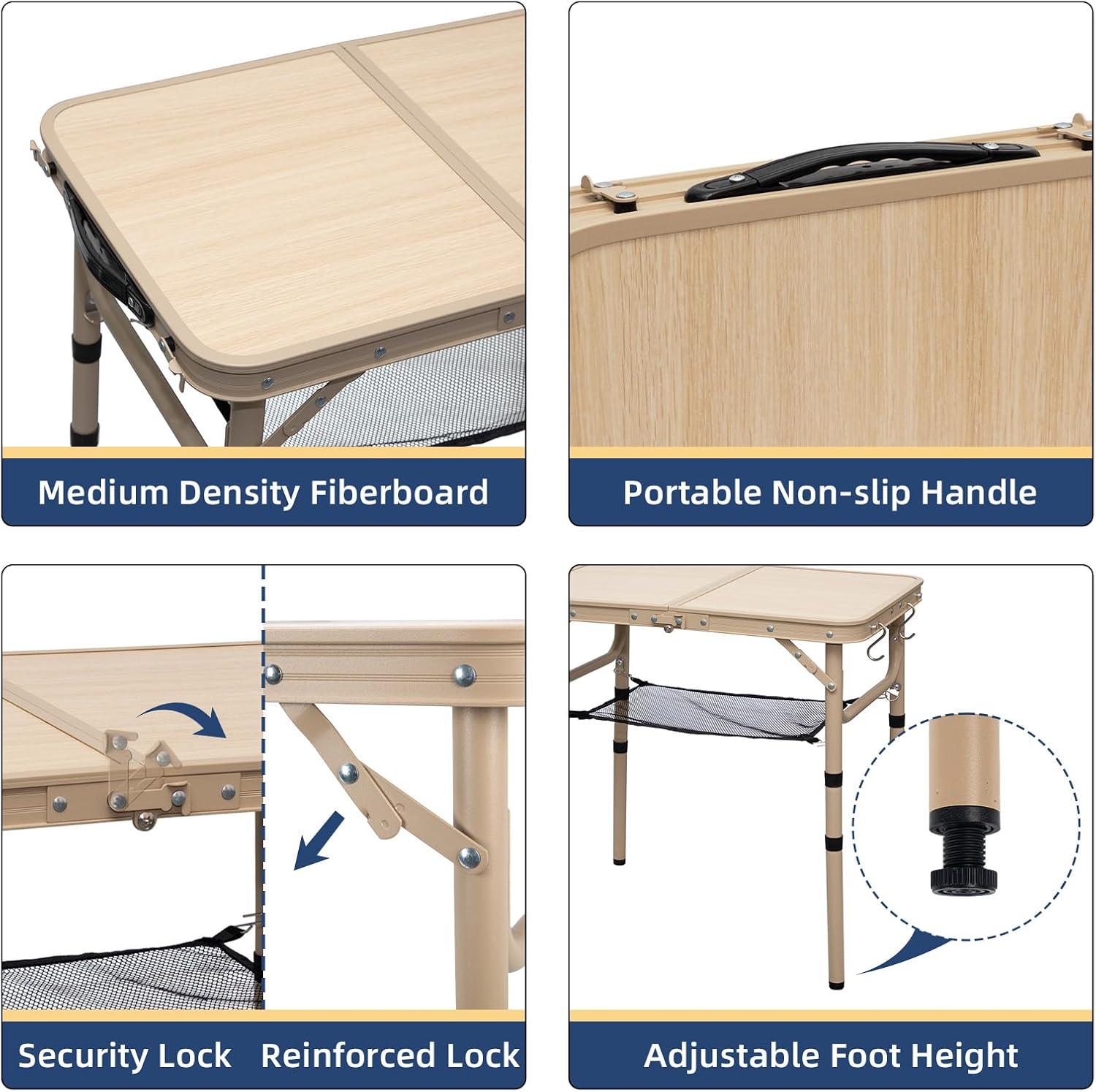 Small Folding Table 2FT Camping Table 3 Adjustable Height Lightweight Portable Aluminum Mini Foldable for Picnic Beach Indoor Outdoor, Yellow