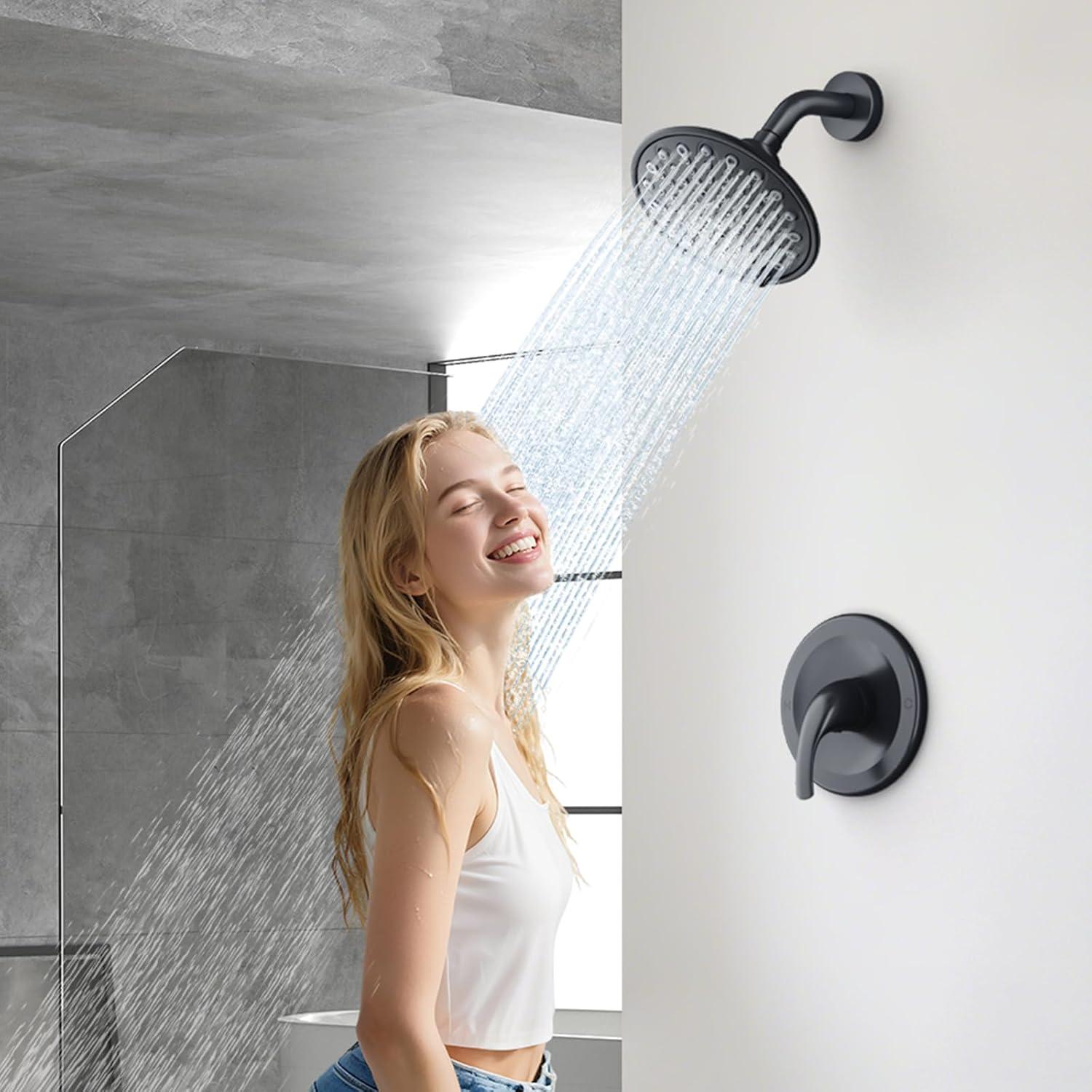 Brushed Nickel Shower Faucet Set, EMBATHER Shower Fixtures with 6 Inch Rainfall Shower Head, Single Handle Control Shower Valve and Trim Kit