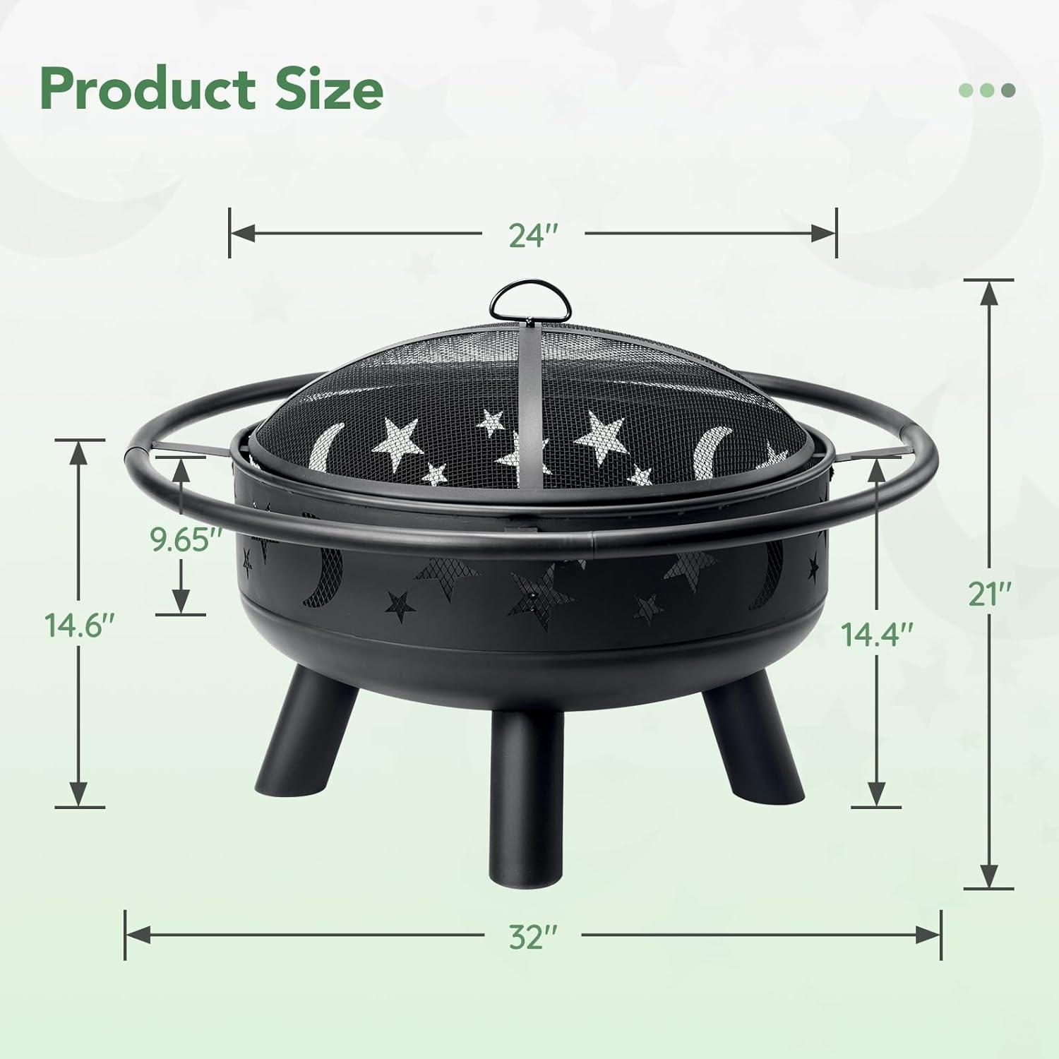 32-Inch Black Wood Burning Fire Pit with Star and Moon Cutouts