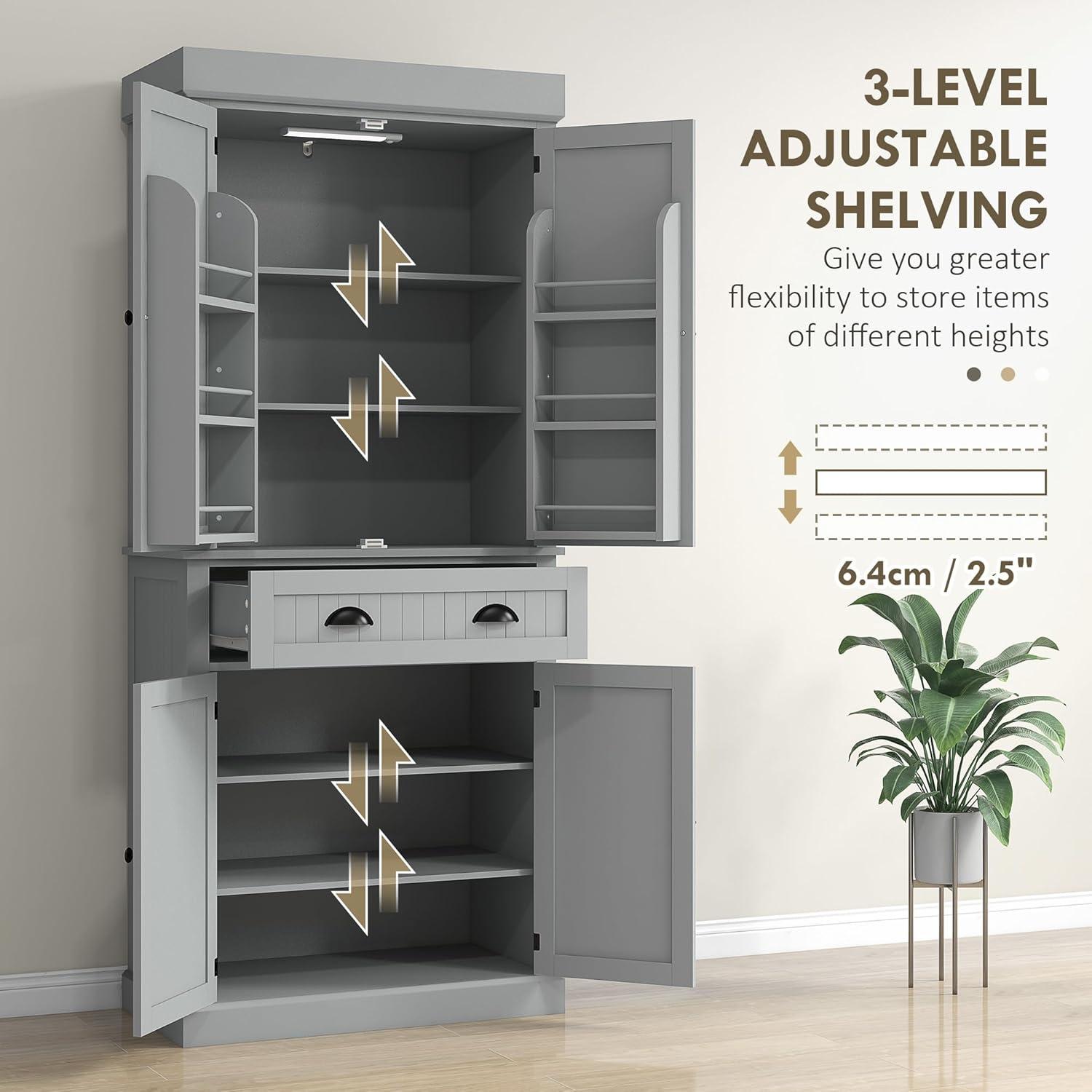 HOMCOM 71" LED Kitchen Pantry Cabinet, Tall Storage Cabinet with 6 Door Shelves, a Drawer and 4 Adjustable Shelves, Gray