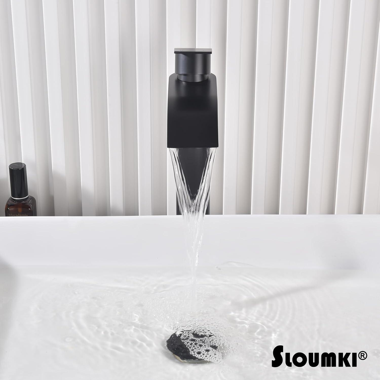 Waterfall Bathroom Faucet Single Handle，Bathroom Sink Faucet 1 Hole，Waterfall Faucet for Bathroom Sink，Vessel Sink Faucet Matte Black Tall Bathroom Faucet