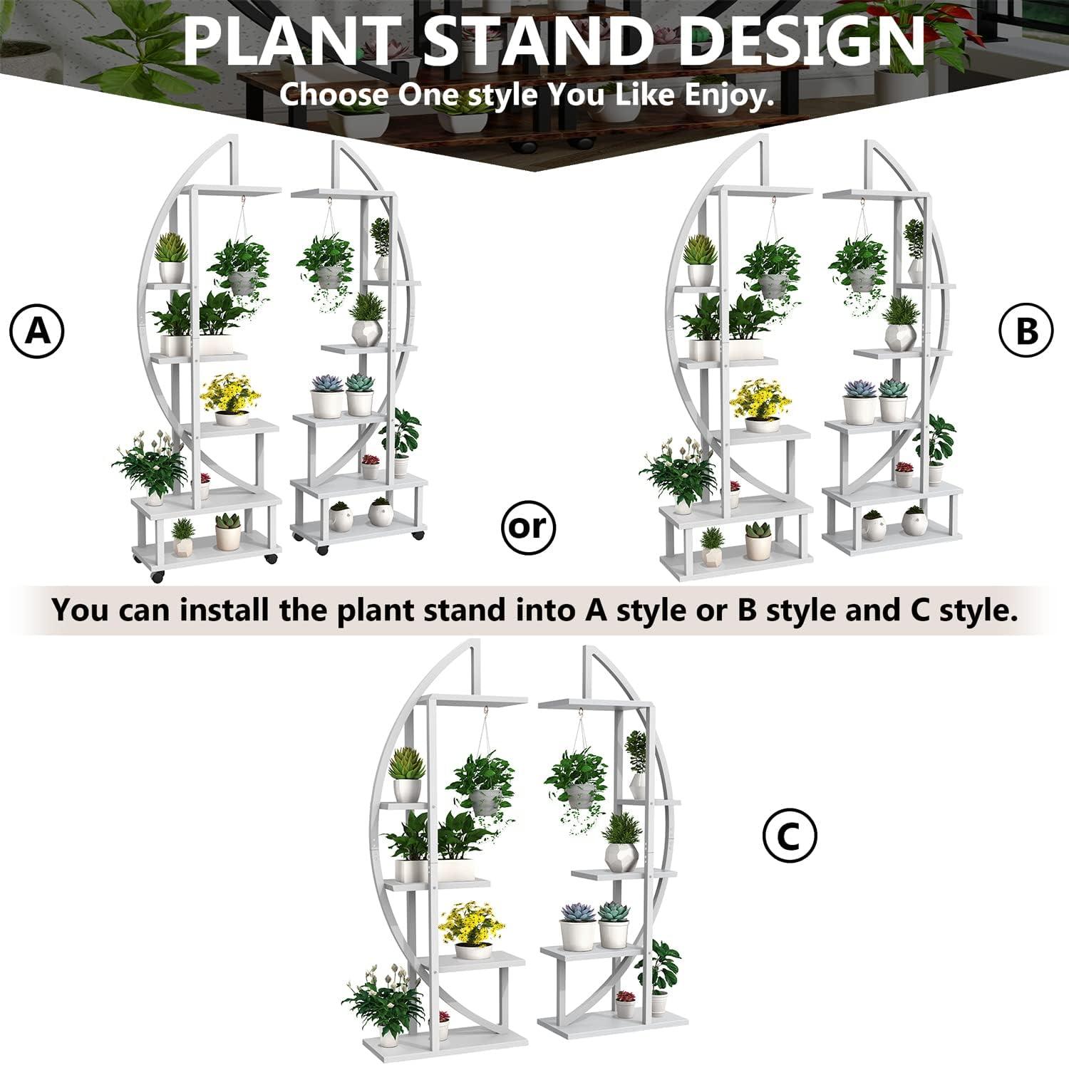 2 Pcs 6 Tier Tall Metal Indoor Plant Stand with Detachable Wheels, Plant Shelf Holder for Outdoor Clearance with Hanging Loop, Half-Moon-Shaped Multi-Purpose Plant Stands for Home Decor, Balcony,