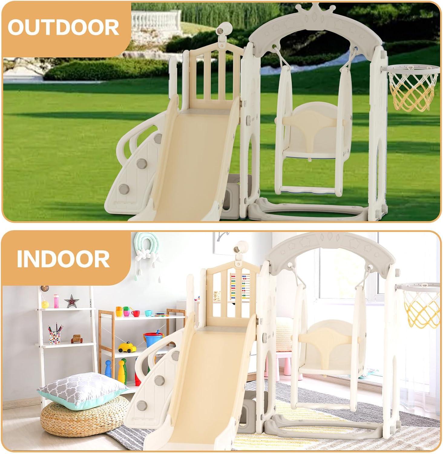 XJD 6 in 1 Toddler Slide and Swing Set, Kid Slide for Toddlers Age 1-3, Baby Slide with Basketball Hoop, Indoor Outdoor Slide Toddler Playset Toddler Playground, Beige