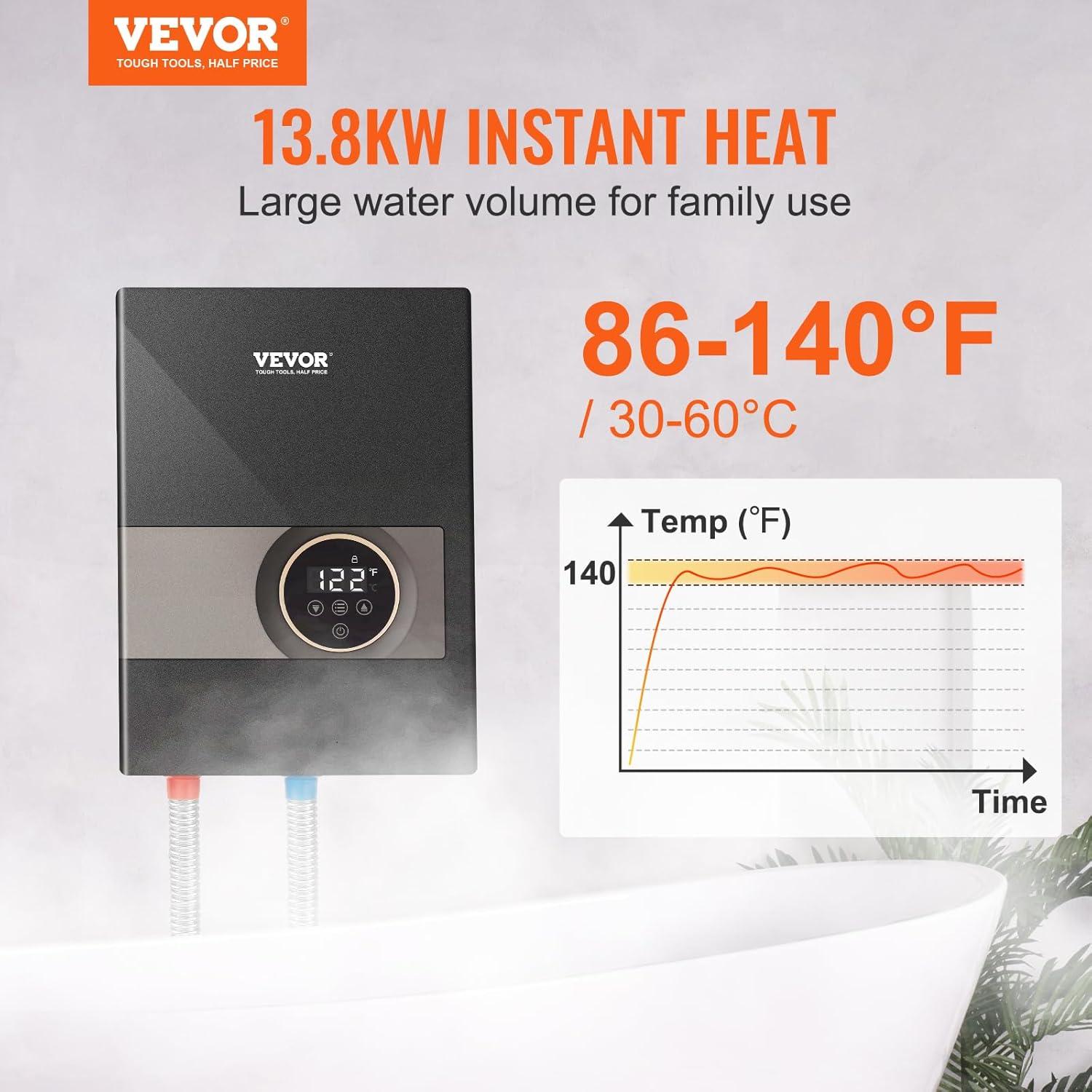 VEVOR 13.8KW Black Electric Tankless Water Heater with Digital Display