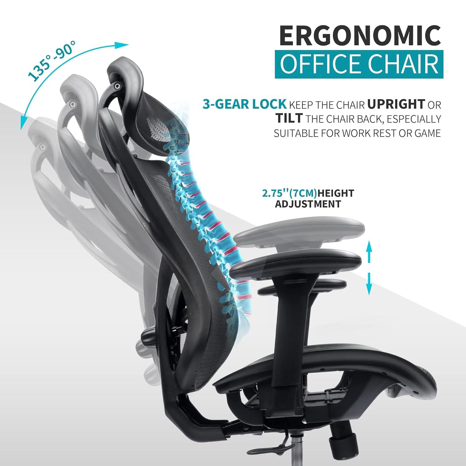 Mesh Office Chair,Ergonomic Office Chairs with Wheels,Adjustable Lumbar Support,Armrest,Headrest-Tilt High Back Desk Chair with Mute Wheel for Office, Home, Gaming