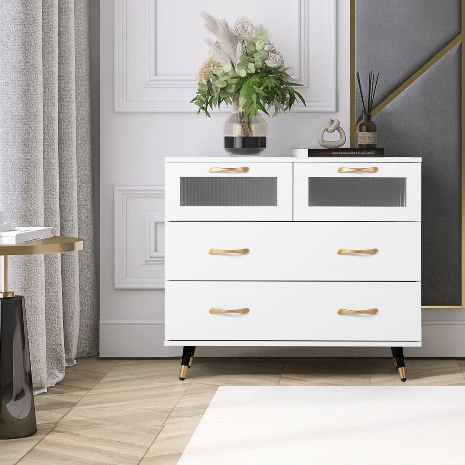 Small White Dresser, Modern Dresser for Bedroom, 4 Drawer Double Dresser with Wide Drawer and Metal Handles, Wood Dressers & Chests of Drawers for Hallway, Entryway.