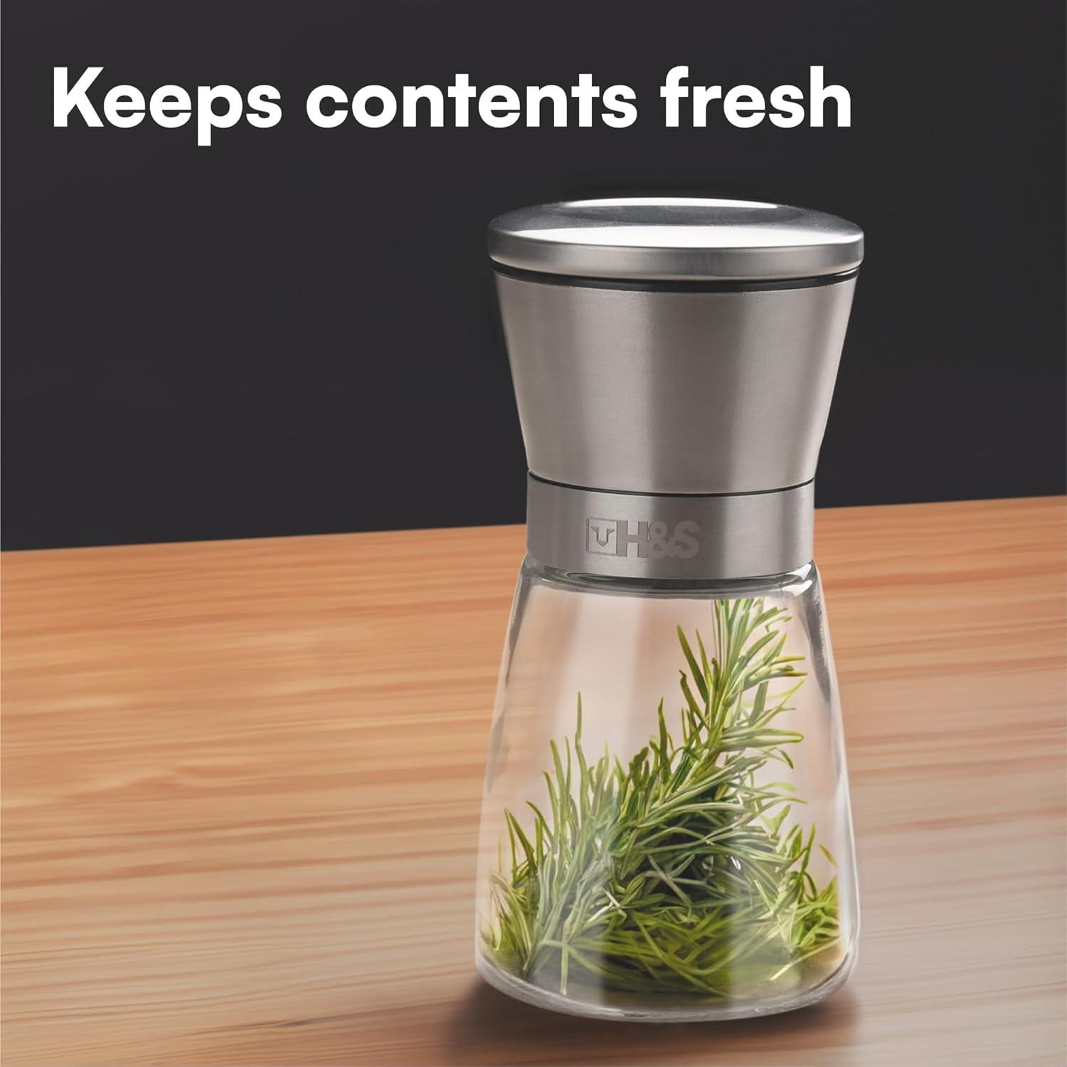 H&S Salt And Pepper Grinder Set - Manual Mill Grinders For Kitchen - Glass And Stainless Steel Spice Mills With Adjustable Coarseness - Easy To Use And Fill - Large Capacity - Kitchen Gadgets