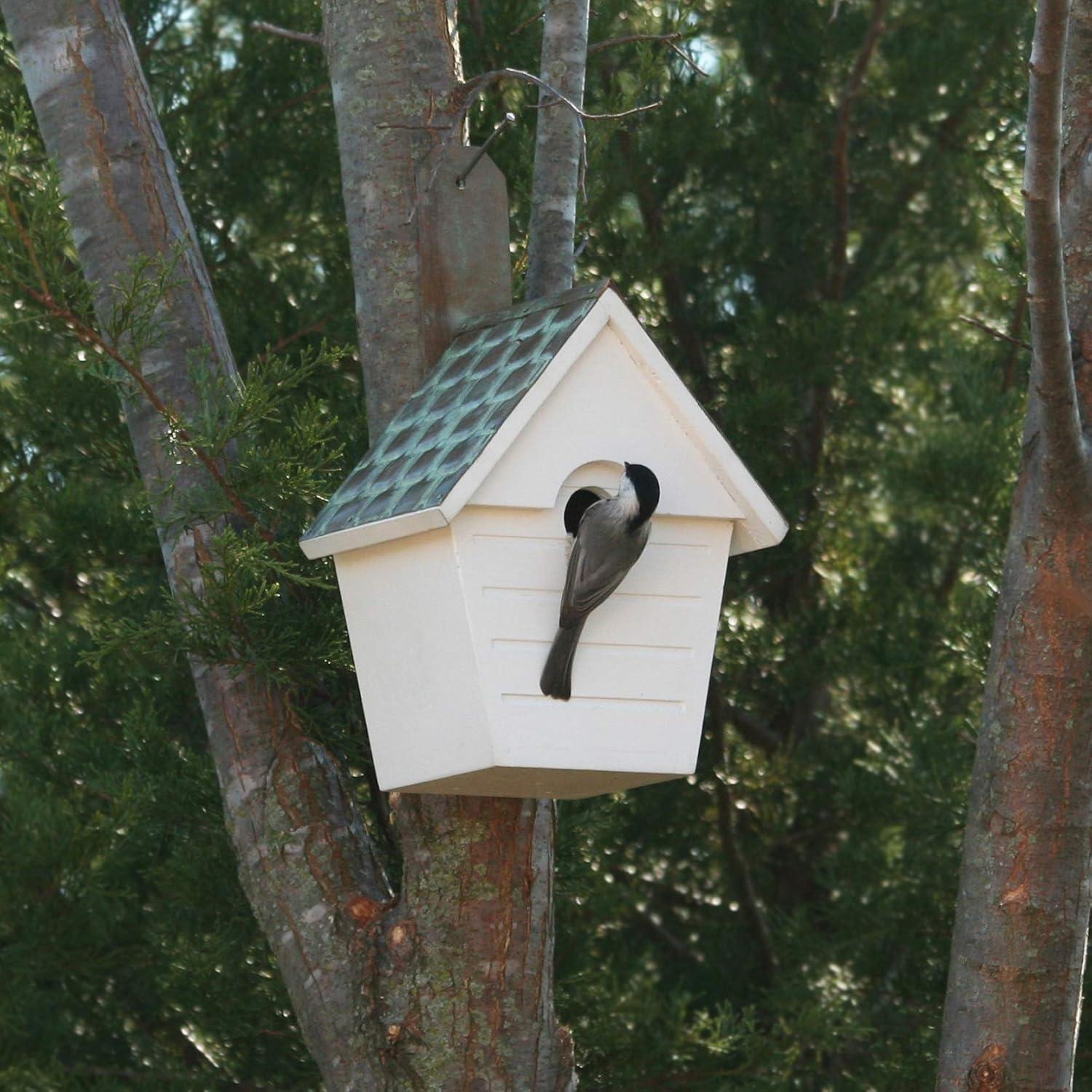 Cottage Bird House with Verdigris Copper Roof and Mango Hardwood Base