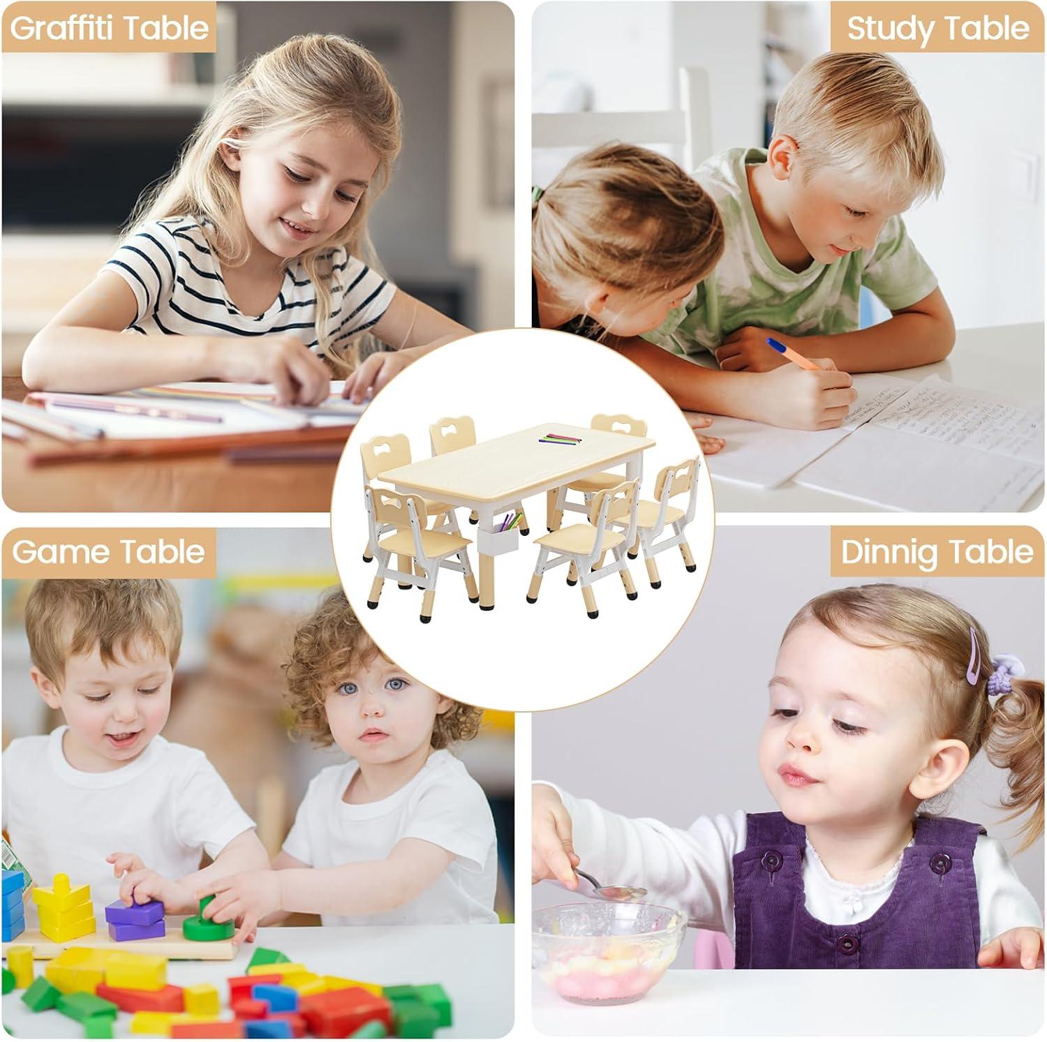 Brelley Kids Table and 6 Chairs Set, Height Adjustable Toddler Desk and Chair Set, Graffiti Desktop, Classroom/Daycare/Home, Children Multi-Activity Table for Ages 2-8
