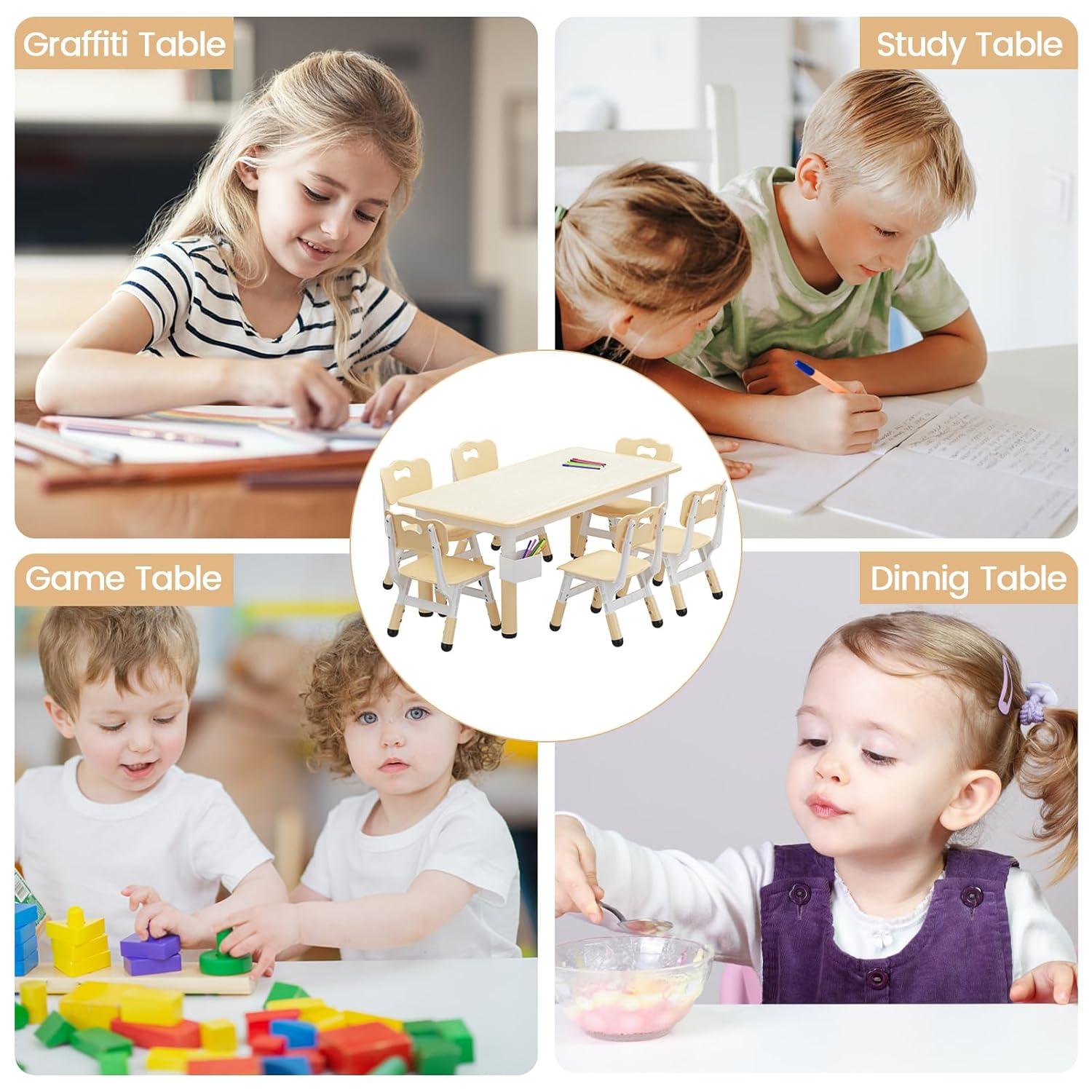 Brelley Kids Table and 6 Chairs Set, Height Adjustable Toddler Desk and Chair Set, Graffiti Desktop, Classroom/Daycare/Home, Children Multi-Activity Table for Ages 2-8
