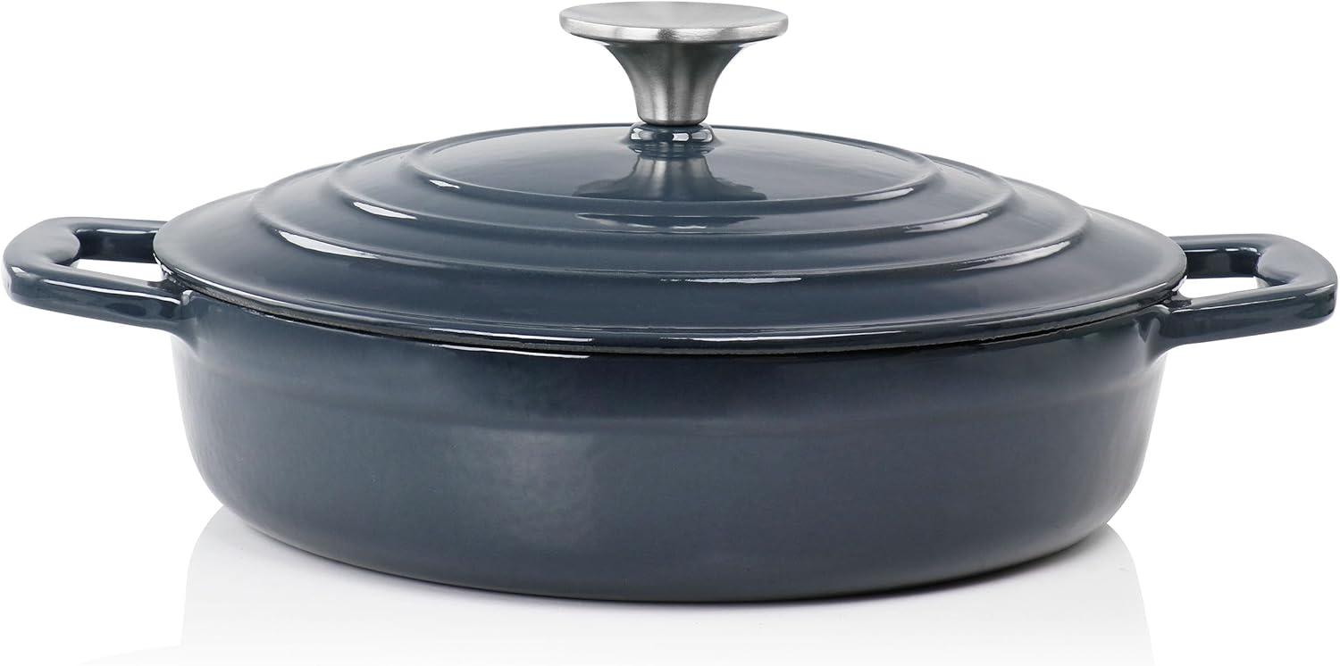 MegaChef 2 Quart Round Enameled Cast Iron Braiser Pan in Dark Blue