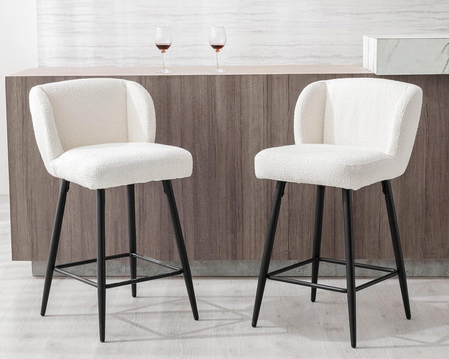 Modern Counter Height Bar Stools Set of 2, 26 Inch Faux Sherpa Upholstered Bar Stools with Back, 18" Seat Wide Island Stools with Black Metal Frame for Kitchen Counter/Breakfast Bar/Restaurant, White