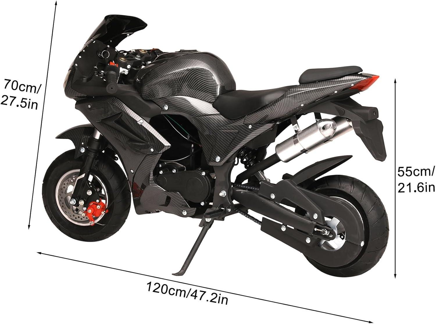 Mini Pocket Bike Motorcycle 49cc 4-Stroke Gas Bike Motorbike with Front Rear Disc Brakes, Gas Pocket Motorbike Racing Max Speed 25MPH, Dual Headlights Black