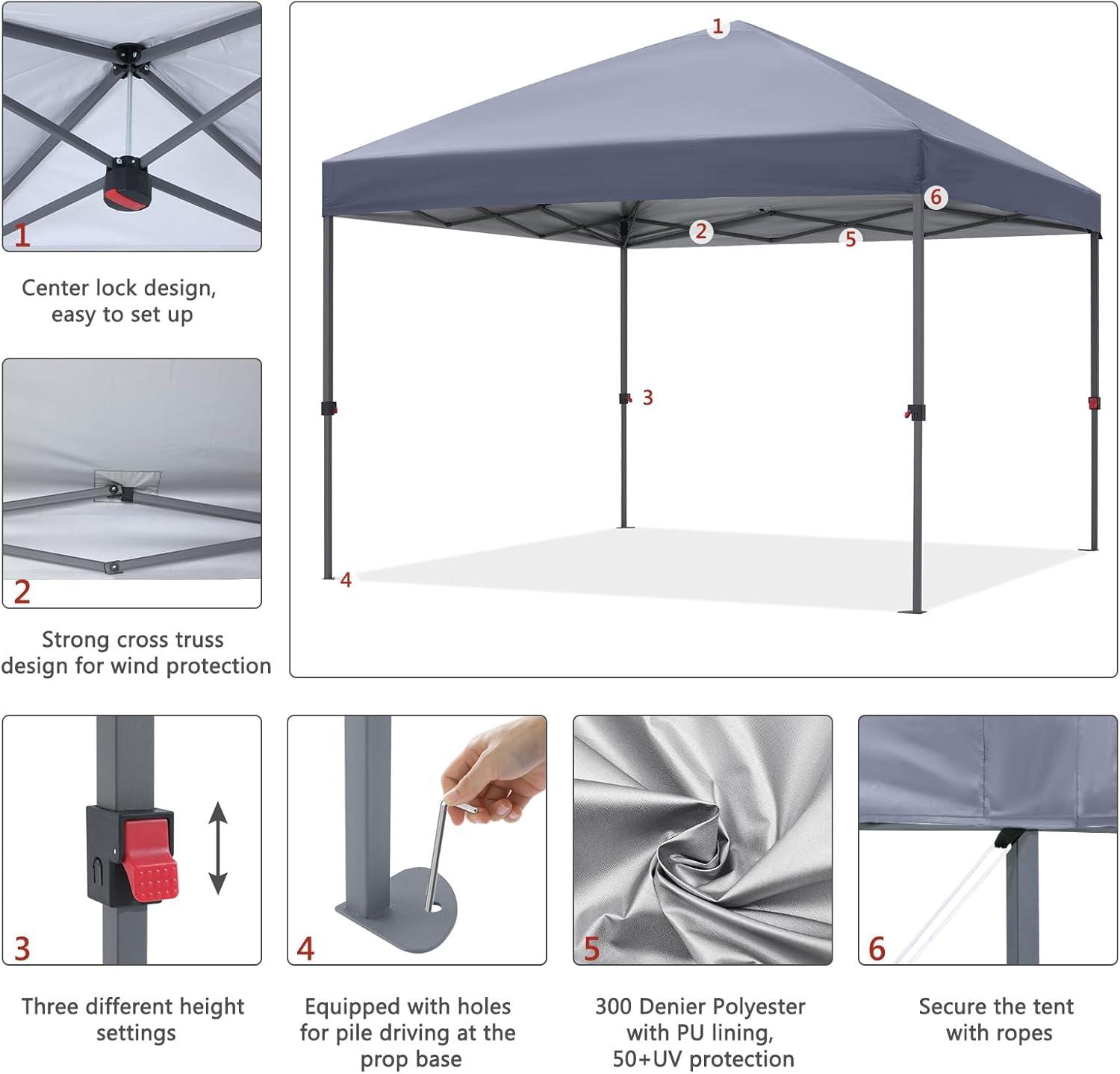 ABCCANOPY 10 ft x 10 ft Easy Pop up Outdoor Portable Instant One Push Function Canopy Tent with Air Vent, Gray