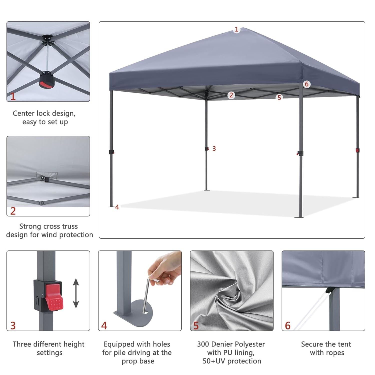 ABCCANOPY 10 ft x 10 ft Easy Pop up Outdoor Portable Instant One Push Function Canopy Tent with Air Vent, Gray