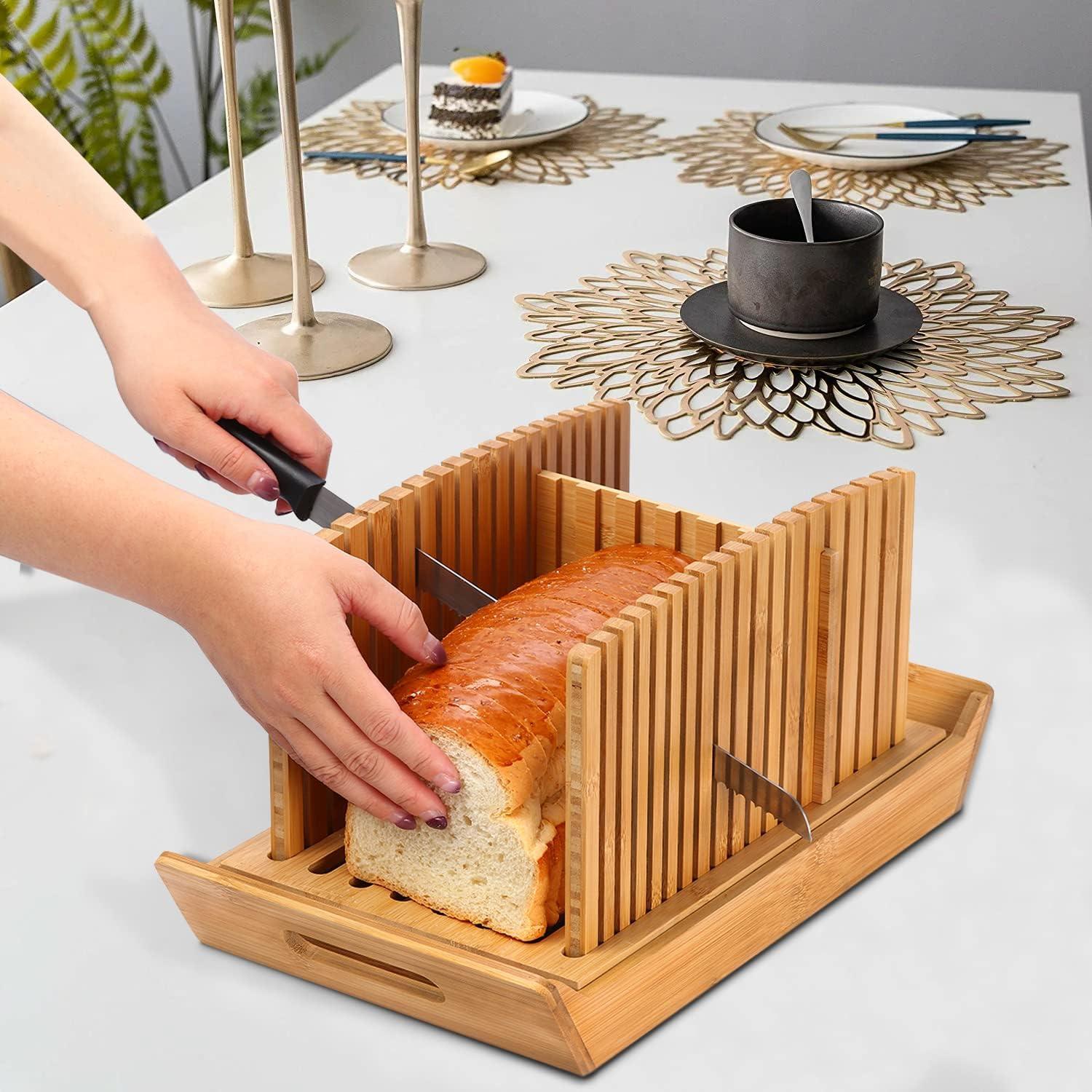 Premium Bamboo Bread Slicer for Homemade Bread, Crumb Catcher, Foldable and Compact Loaf Cutter 3 Size Slicing Guide