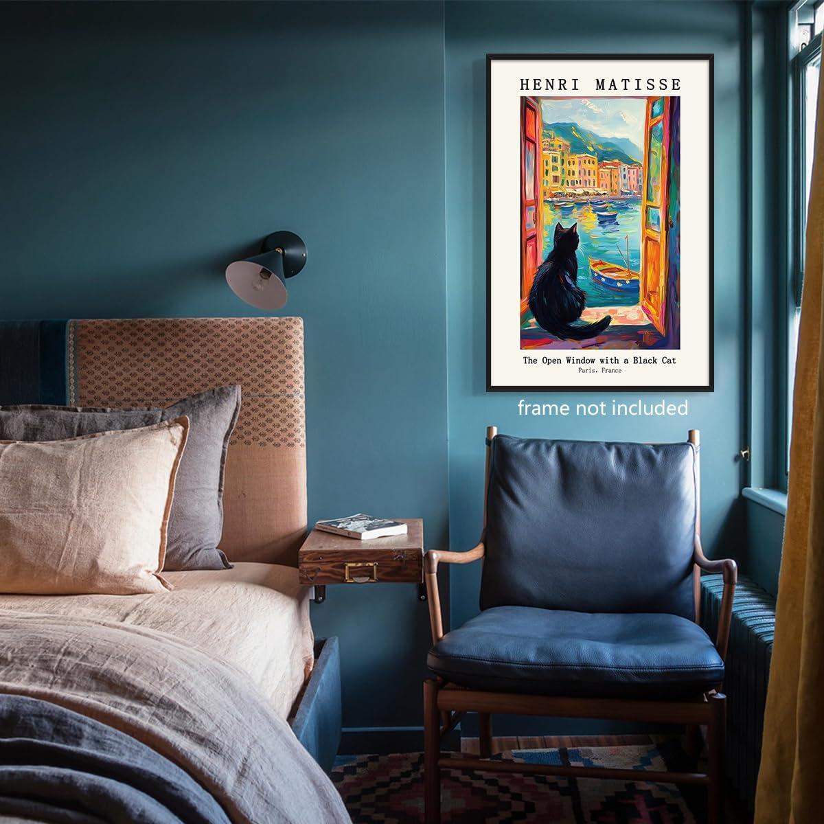 Henri Matisse Oil Paintings on Canvas Wall Art Matisse Famous Open Window Black Cat Poster Funny Cat Floral Print Colorful Farmhouse Gallery Aesthetic Room Decor for Bedroom Bathroom 12x16in Unframed