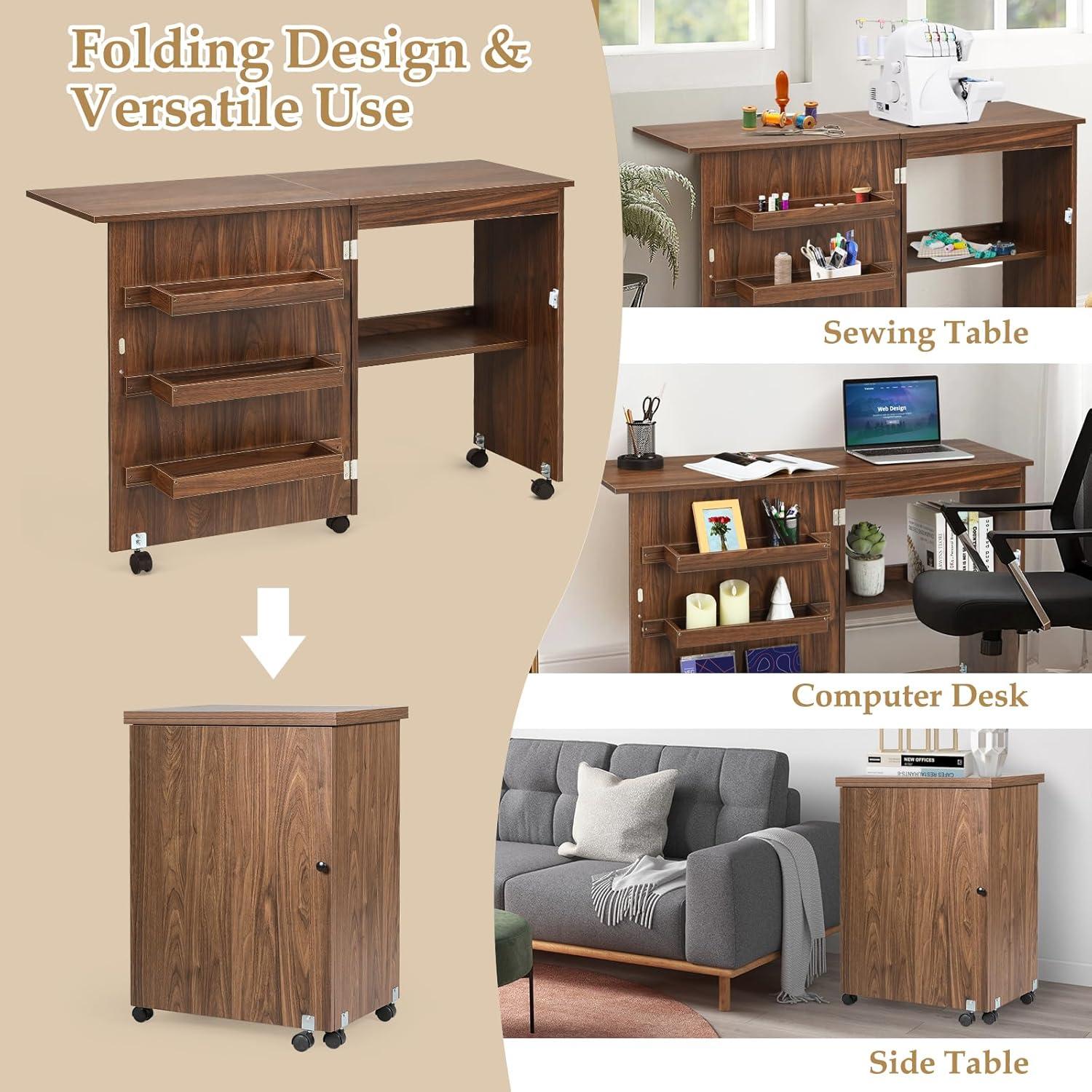 Costway Folding Sewing Craft Table Shelf Storage Cabinet Home Furniture W/Wheels Brown