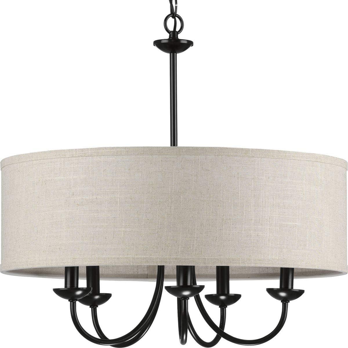 Progress Lighting, Drum Shade Collection, 5-Light Pendant, Black Finish, Harvest Linen Shade