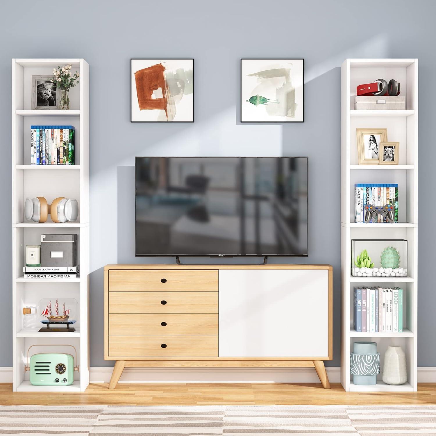 Modern White Tall Corner Bookcase with 6 Cube Shelves