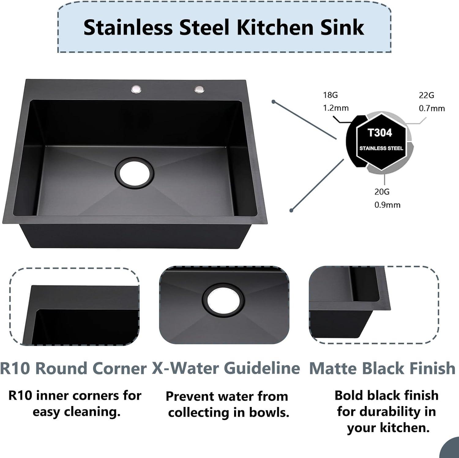 Sinber 33" x 22" Drop-In Single Bowl Kitchen Sink with 18 Gauge 304 Stainless Steel Polished Black Finish