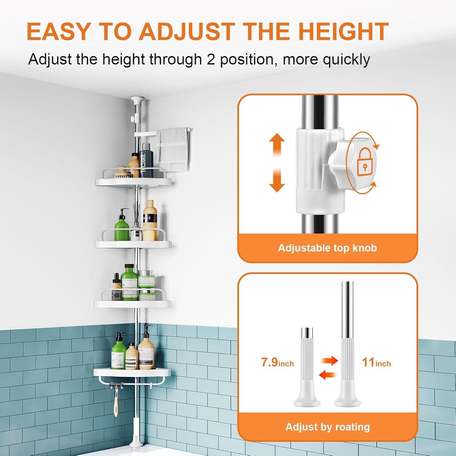 White and Stainless Steel 4-Tier Tension Pole Shower Caddy