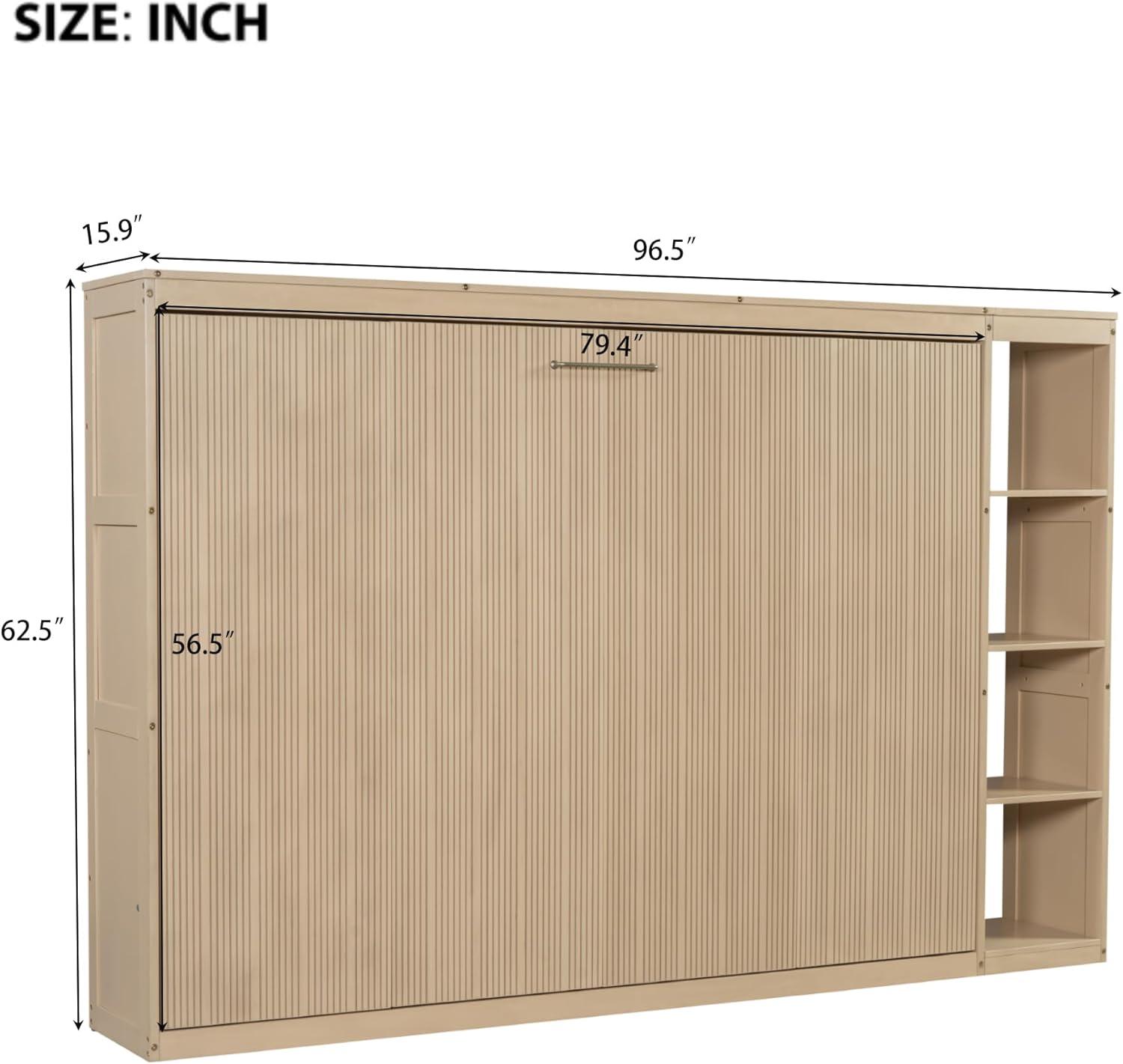 SOFTSEA Modern Murphy Bed Cabinet Bed with Bookshelf, Full Size Foldable Platform Bed Frame with Storage Racks, for Home Guest Room Small Room, Natural