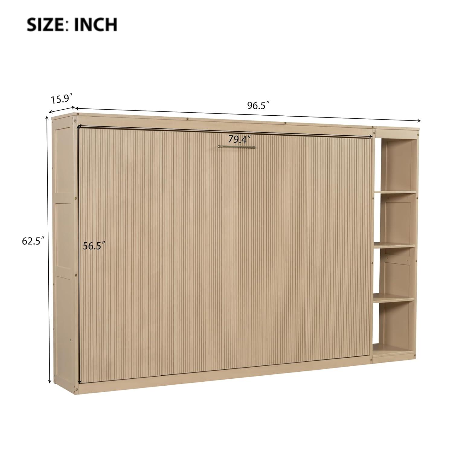 SOFTSEA Modern Murphy Bed Cabinet Bed with Bookshelf, Full Size Foldable Platform Bed Frame with Storage Racks, for Home Guest Room Small Room, Natural