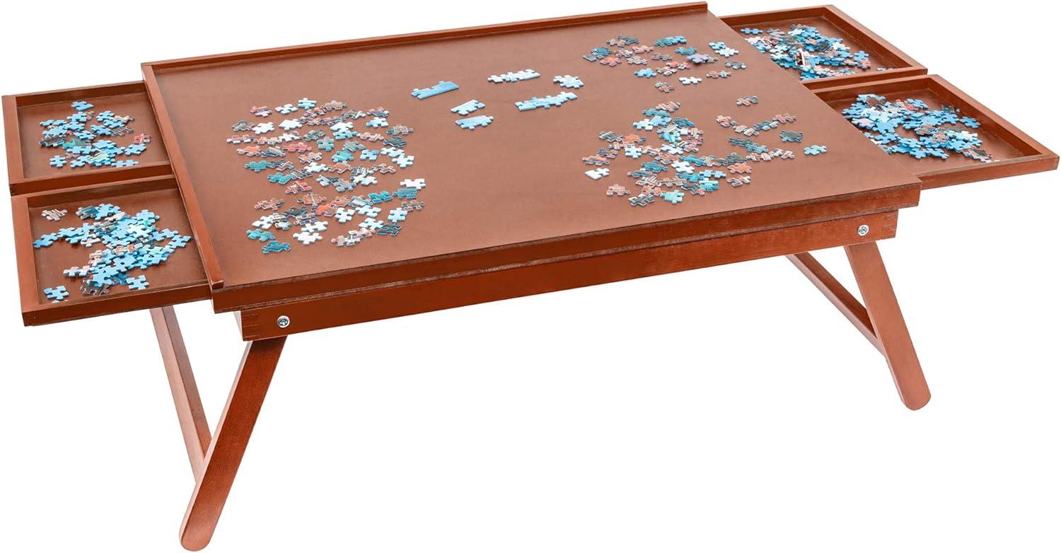 Elegant Wooden Puzzle Organizer Board with Storage and Foldable Legs