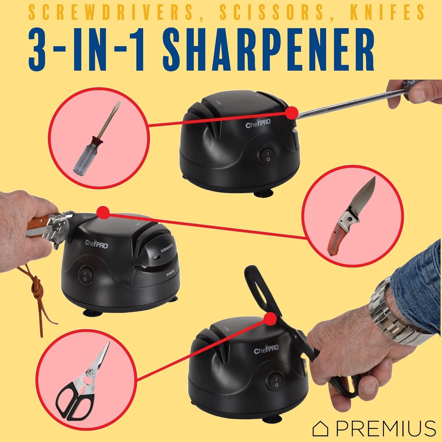 Chef Pro PREMIUS Compact 3-in-1 Electric Knife Sharpener System, Black