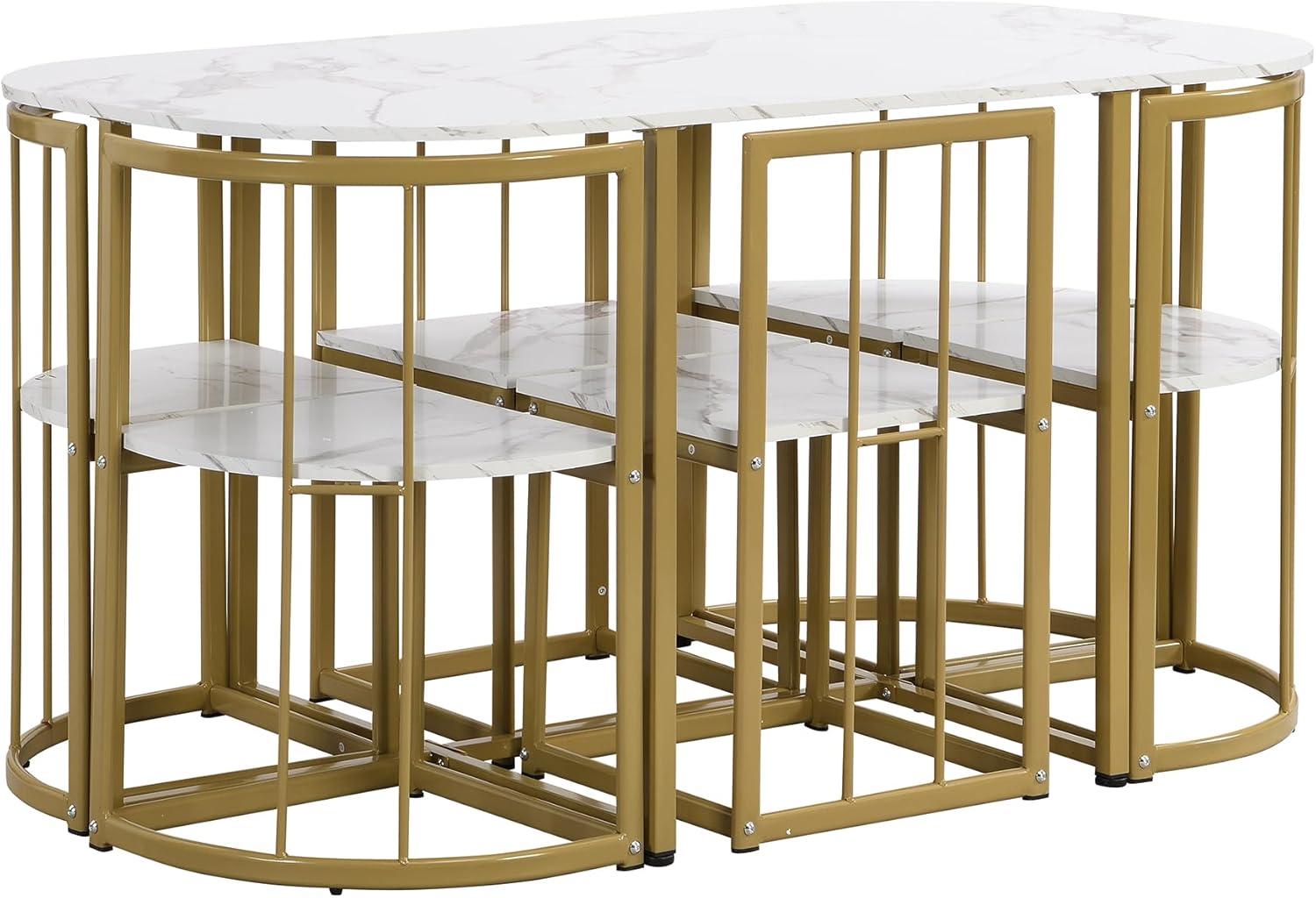 Merax Metal Dining Room Table Set with Chairs for Small Space 7 Piece Kitchen Dining Table Set for 6, Space Saving, Golden White