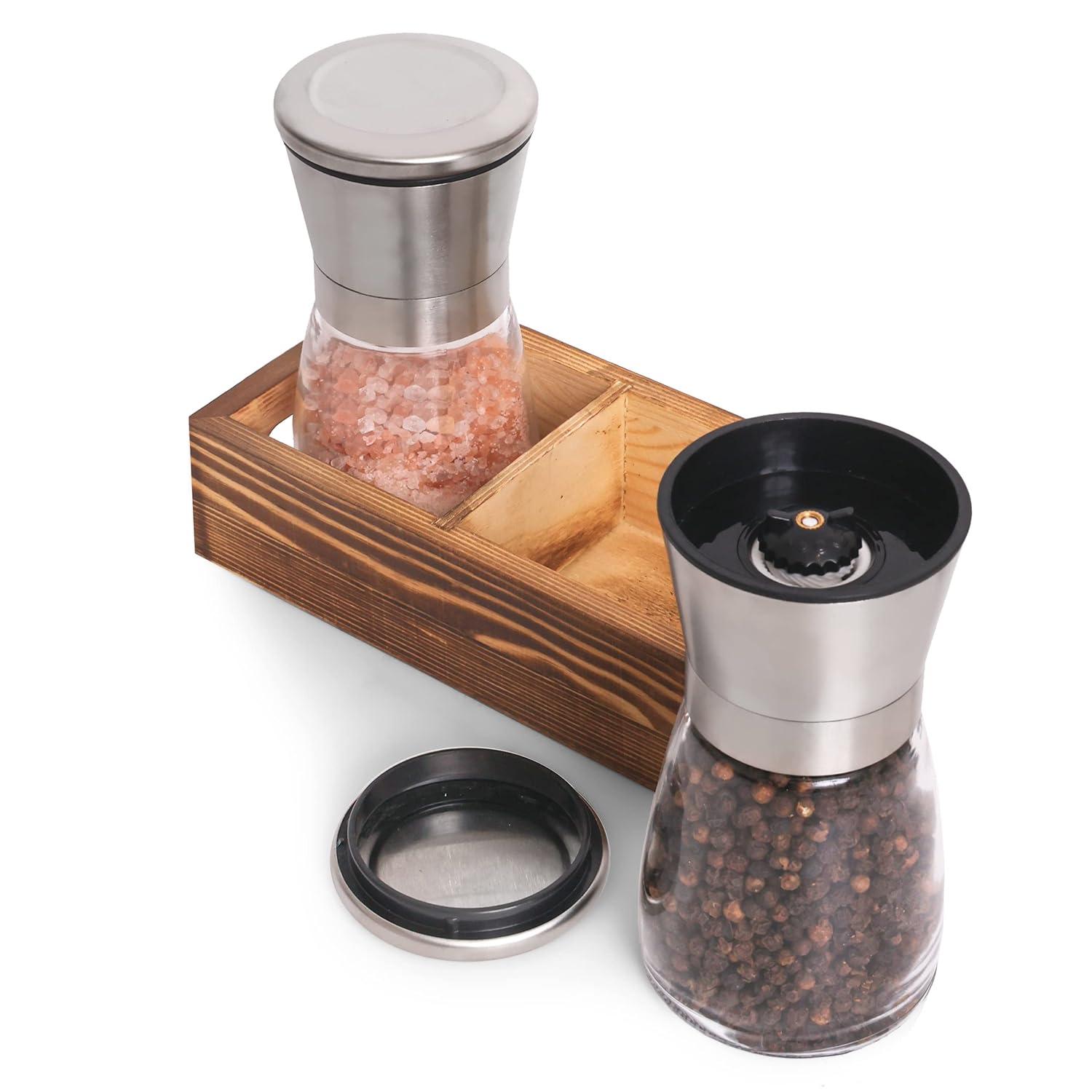 CB Accessories Stainless Steel Salt and Pepper Grinder Set with Wood Tray,  Adjustable Coarseness for Modern Farmhouse Kitchen Table