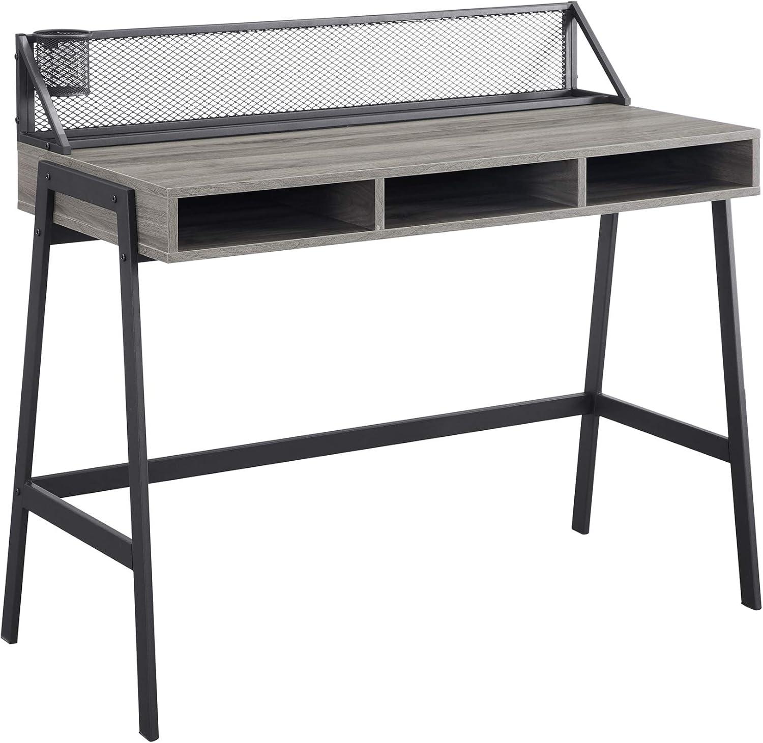 xrboomlife Industrial Mesh Wood Laptop Computer Writing Desk Home Office Workstation Small  42 Inch  Slate Grey
