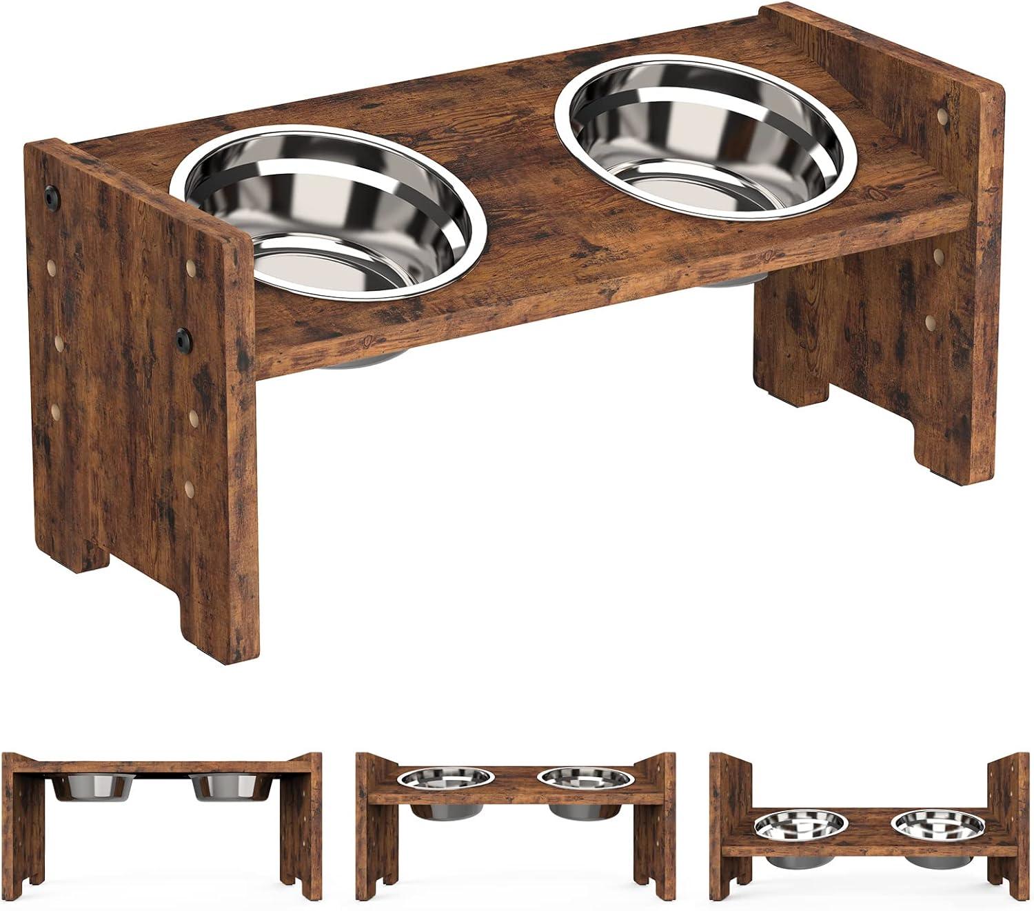 Adjustable Black Particle Board Raised Dog Bowls with Stainless Steel Bowls