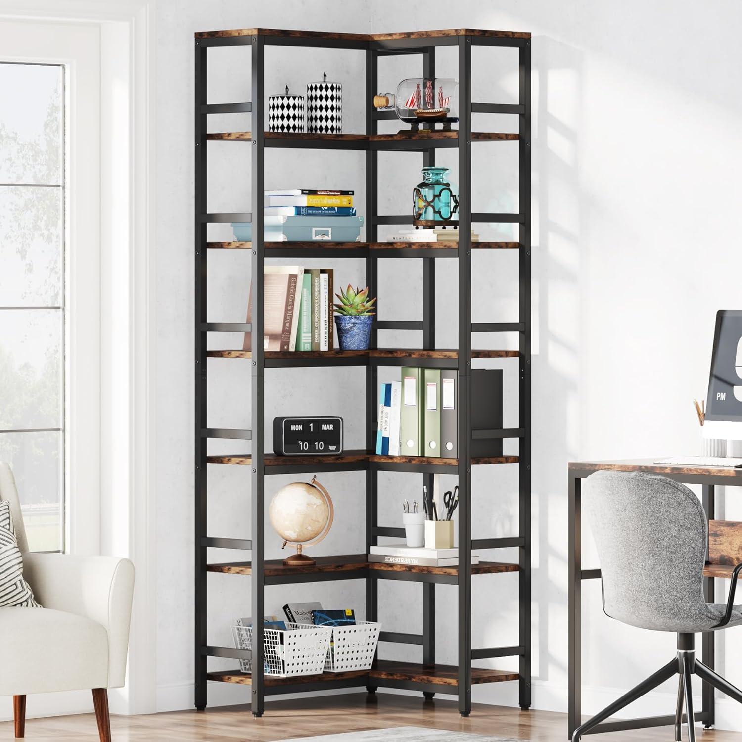 Hommoo 7-Tier Tall Corner Bookshelf Rustic Brown