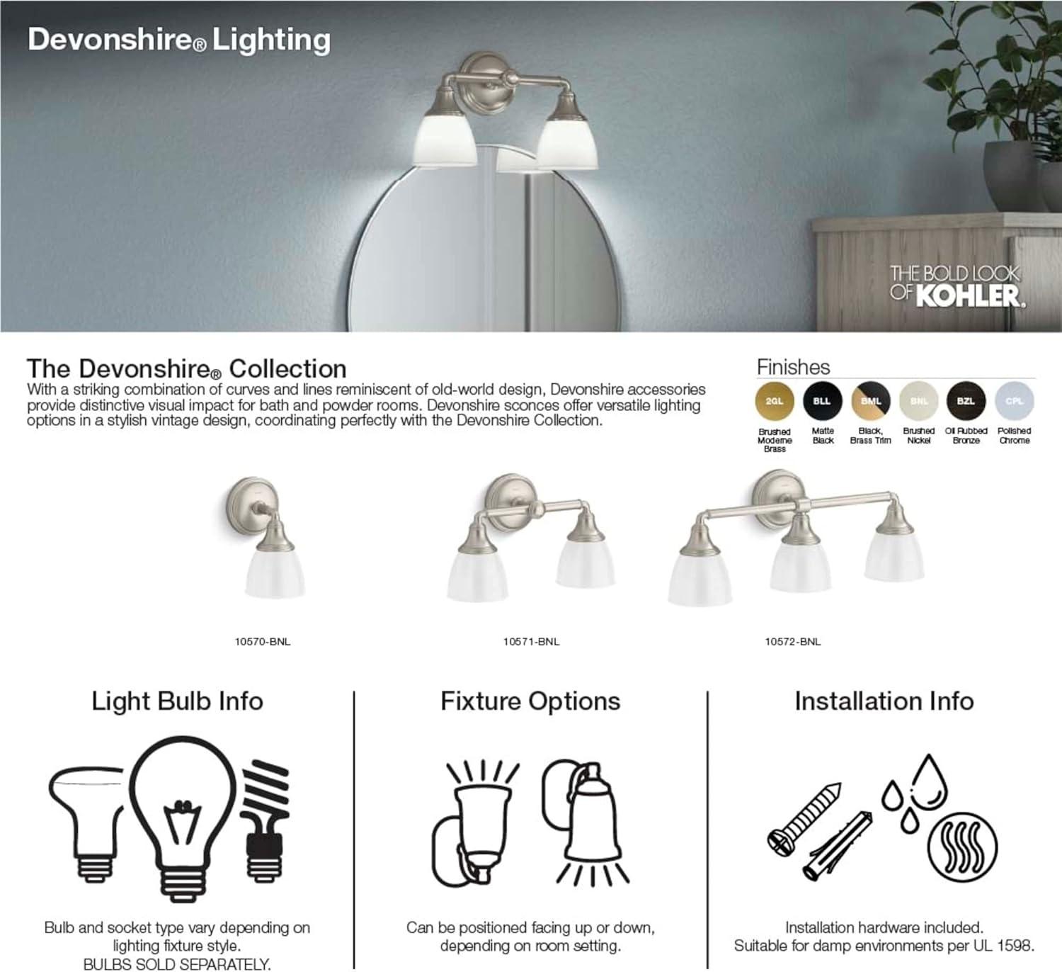 Devonshire 2 Light Indoor Bathroom Vanity Light Fixture, Position Facing Up or Down, UL Listed