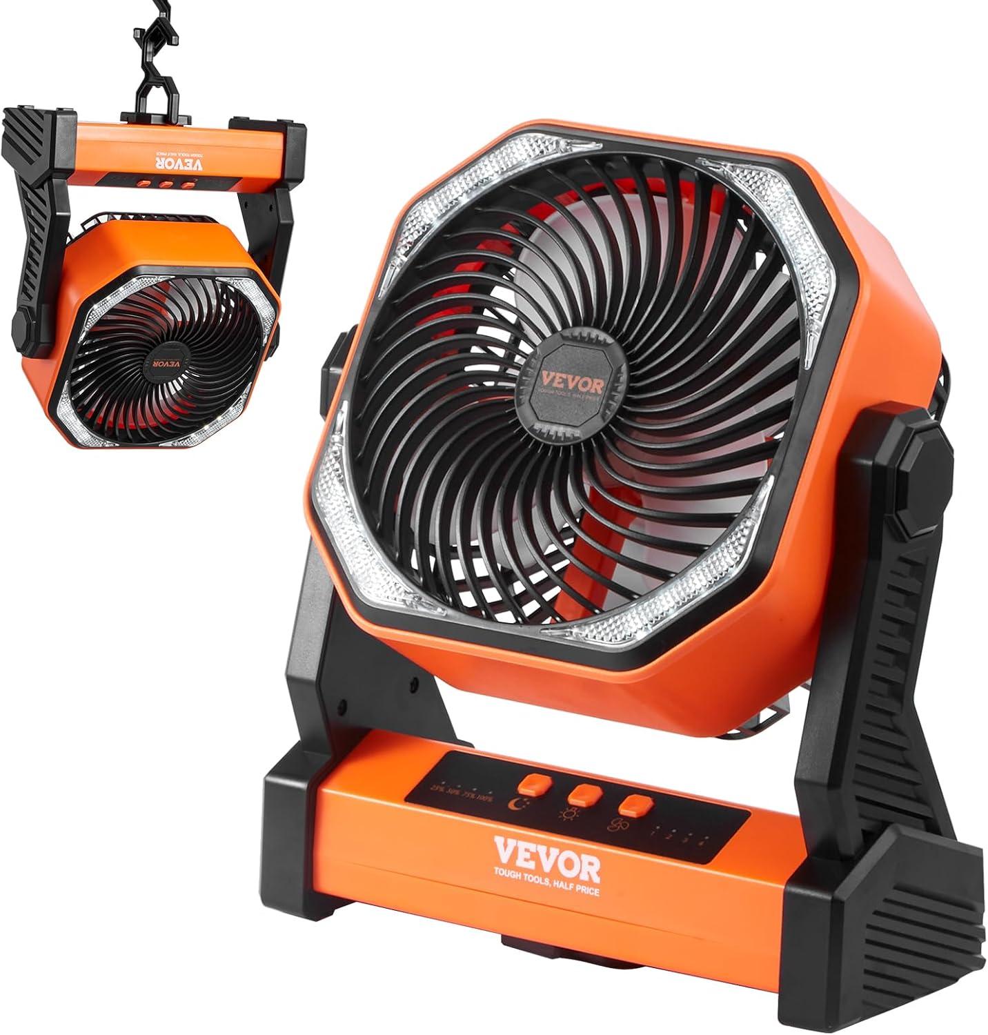 VEVOR 8-Inch Orange Rechargeable Desk Fan with LED Lantern