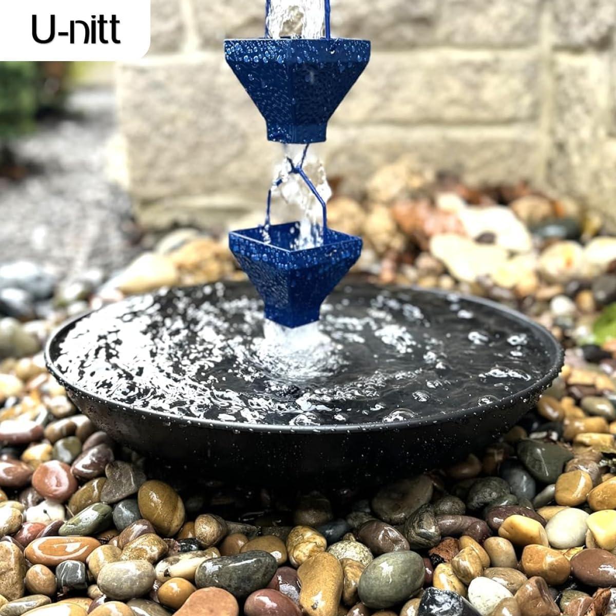 U-nitt Rain Chains, Roof Gutter Downspout Channel, Rainwater Catcher/Diverter, 8.5 FT, Metal, Blue Powder Coated, Texture Square, Modern, 5517BLU